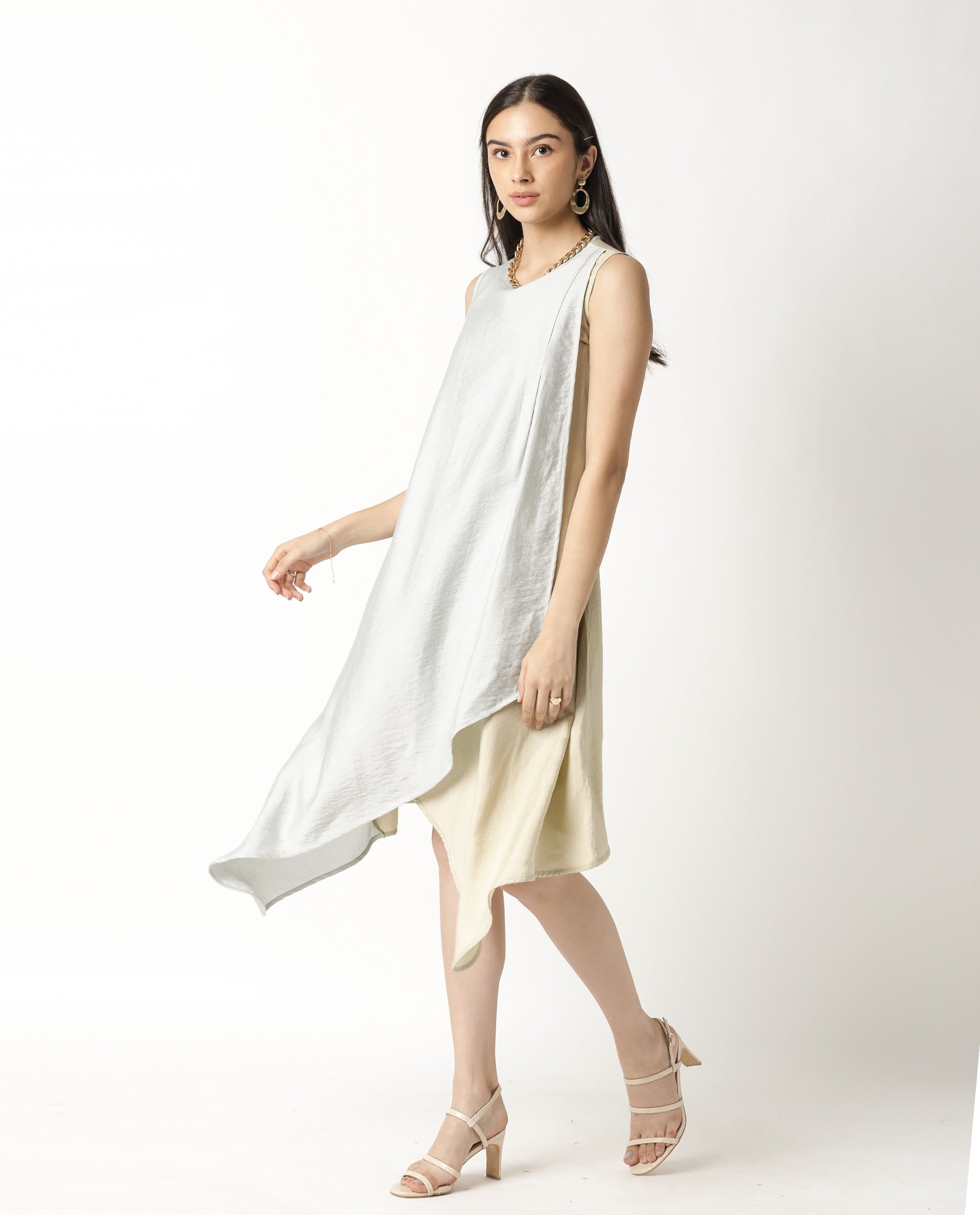 Rareism Women Xavier Blue Boat Neck Sleeveless Overlap Panel In Front With Asymmetric Midi Dress