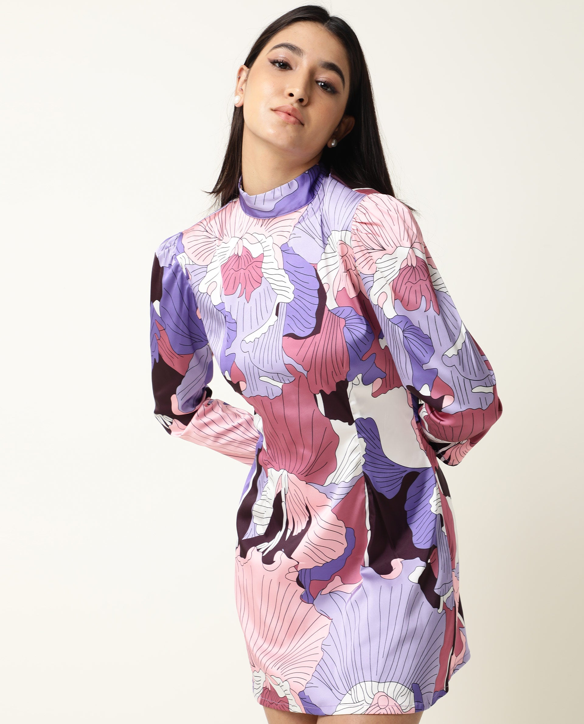 Rareism Women Mylah Multi Floral Print High Neck Collar Full Sleeves With Pockets Mini Dress