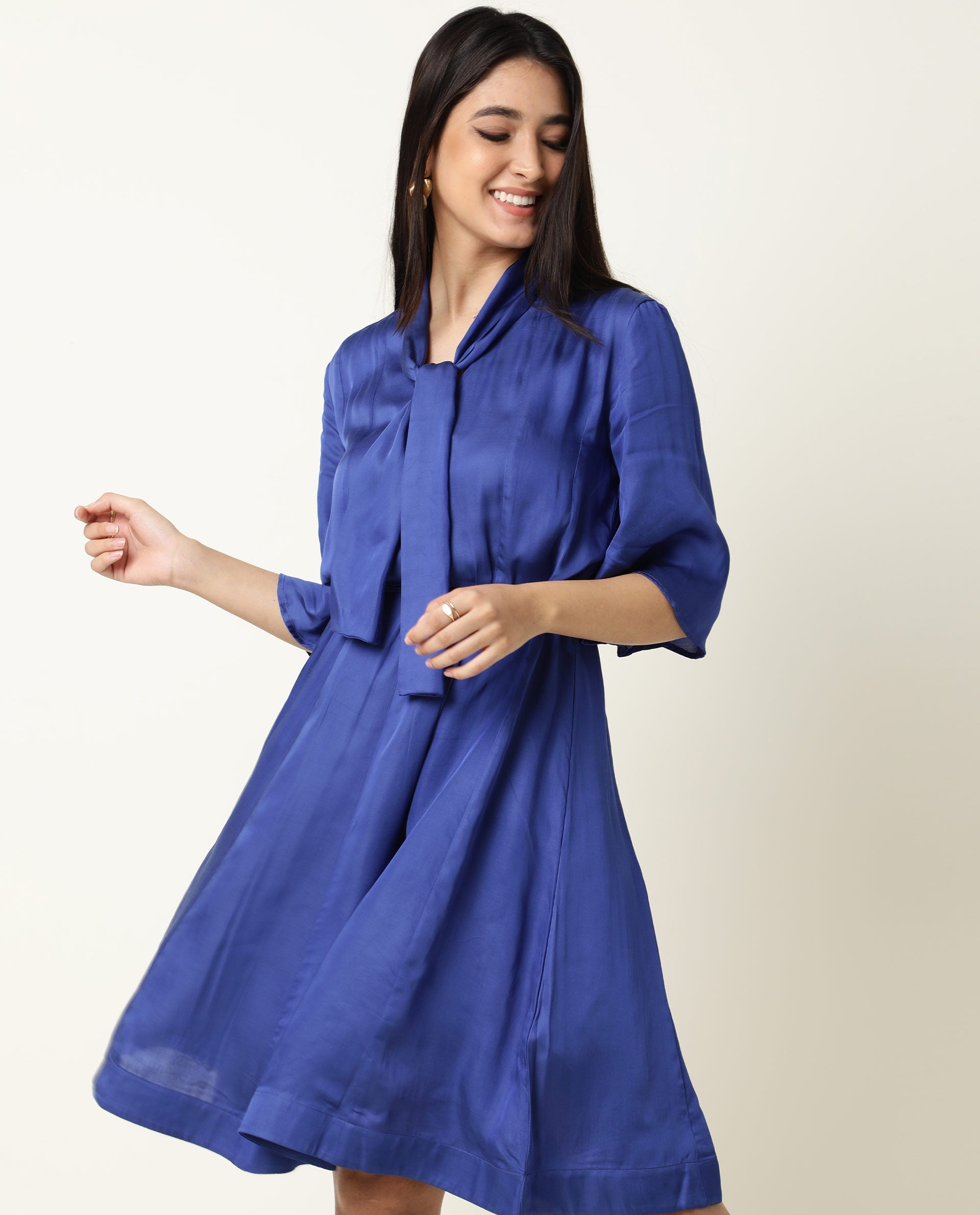 Rareism Women Yeme Blue V Neck With Tie Up Flared Sleeves Mini Dress