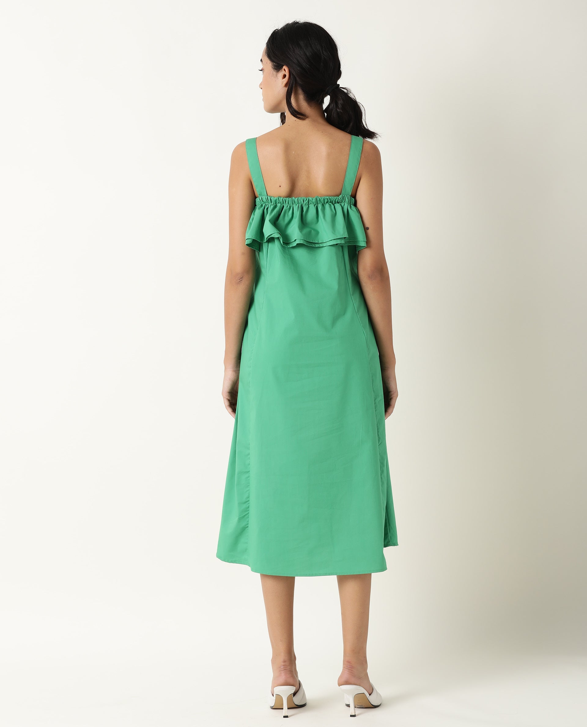 Rareism Women Shallow Green Broad Shoulder Straps Ruffled Square Neck With Pockets Midi Dress