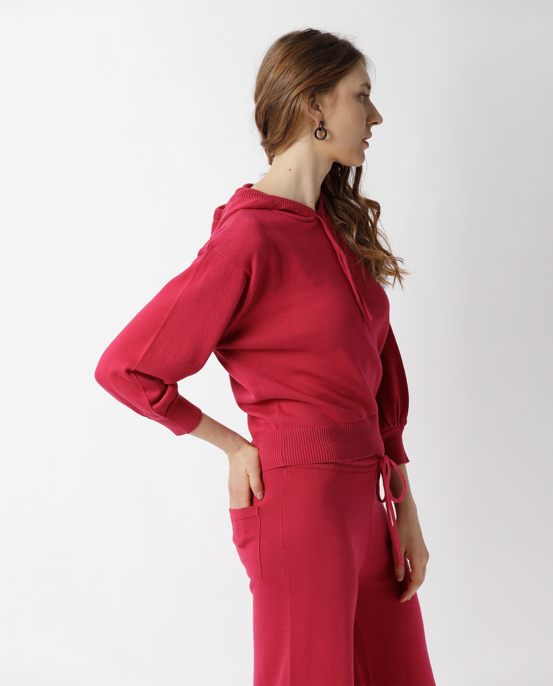 Rareism Women Finn Dark Pink Cotton Fabric Relaxed Fit Full Sleeves Solid Knee Length Hooded Track Suit