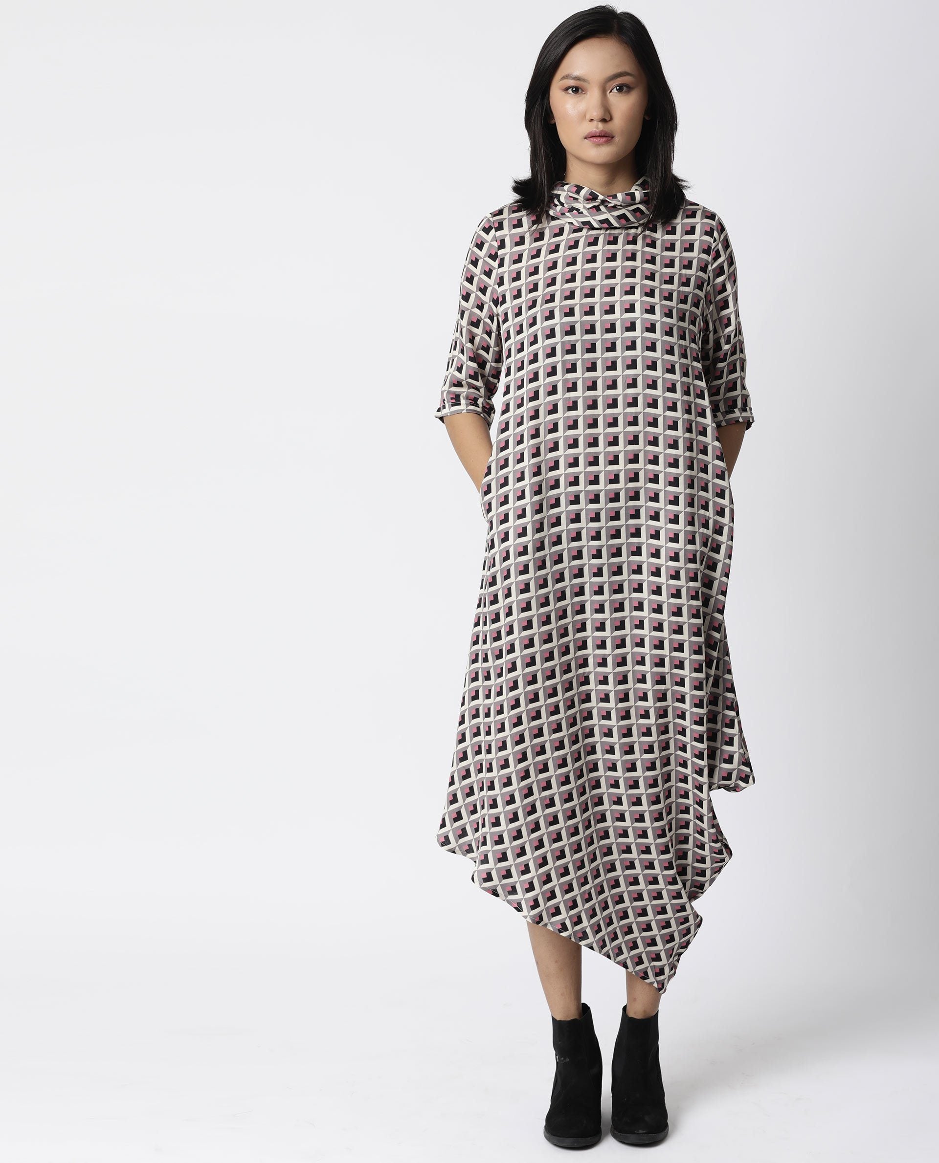 Rareism Women Auto Beige Dress Short Sleeves Printed
