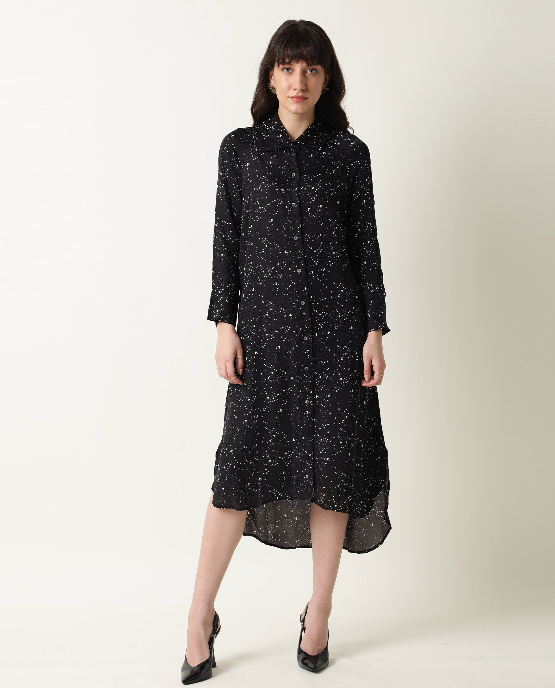 Rareism Womens Timid Black Dress Modal Fabric Regular Fit 3/4 Sleeve Collared Neck