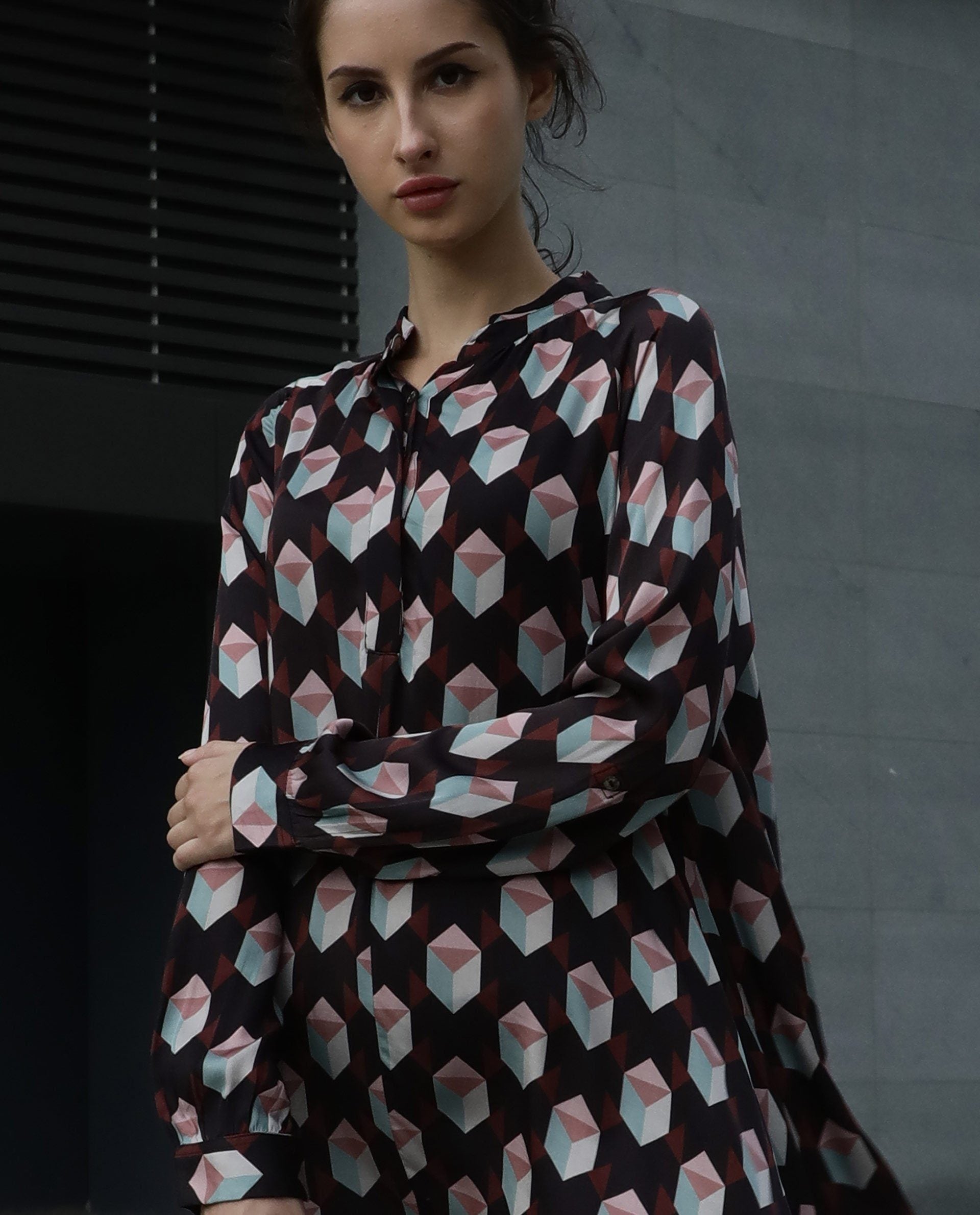 Rareism Women Engine Brown Dress Full Sleeves Printed