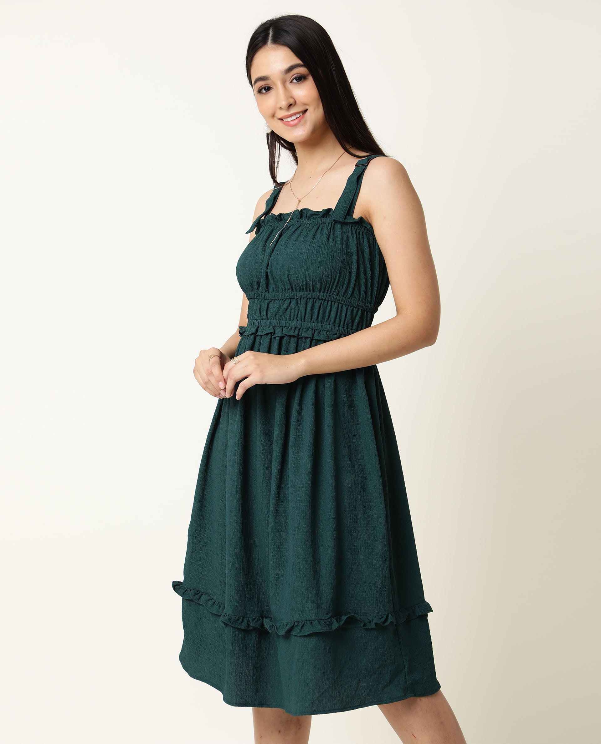 Rareism Women Sickle Green Broad Shoulder Detachable Straps Square Neck Smocking Chest Detail With Ruffled Hem Midi Dress