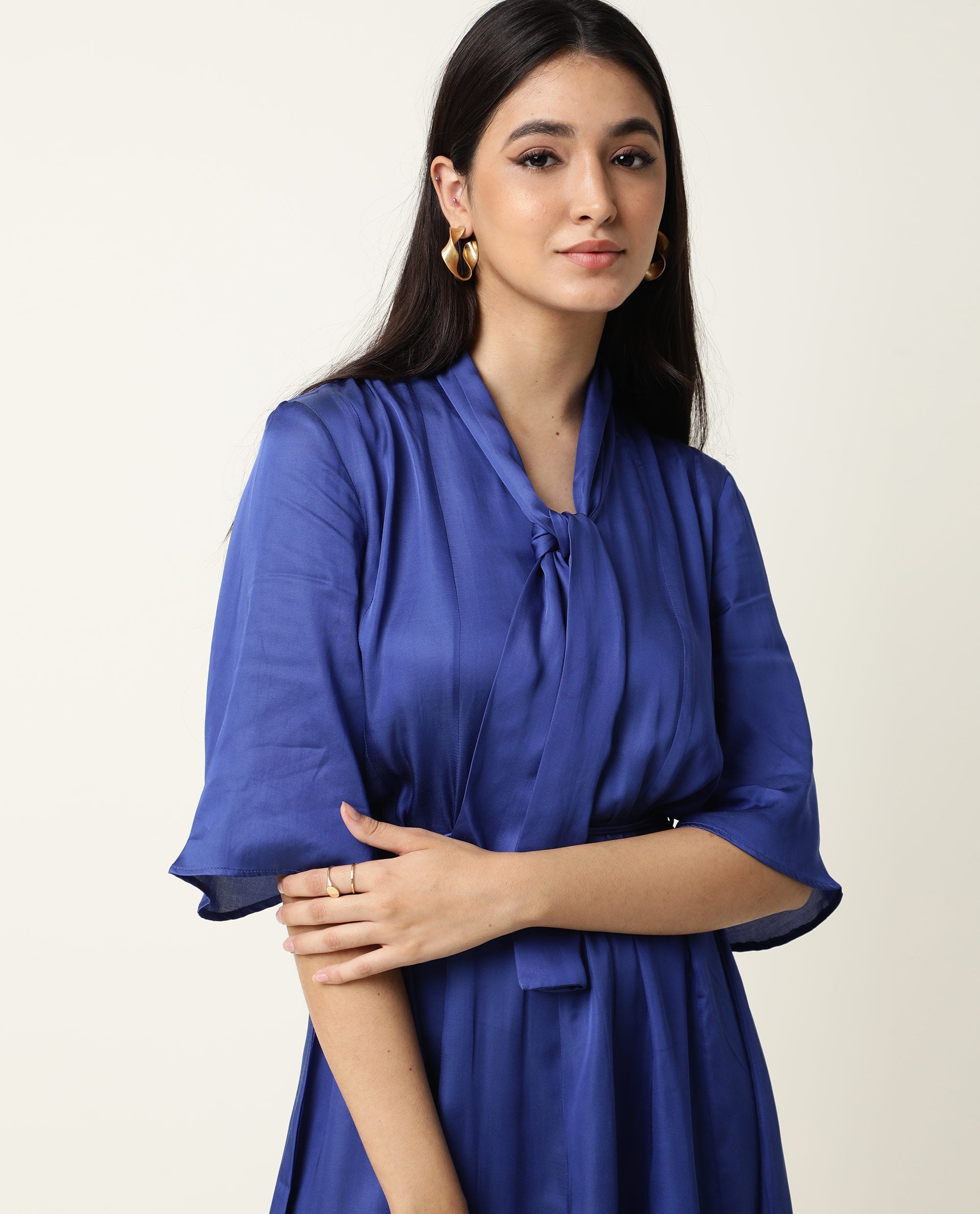 Rareism Women Yeme Blue V Neck With Tie Up Flared Sleeves Mini Dress