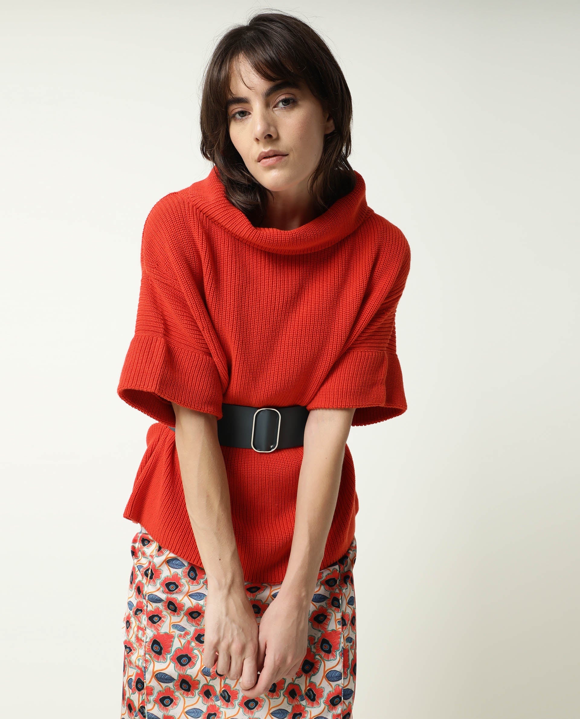 Rareism Women Daffy Orange Cotton Fabric Half Sleeves Relaxed Fit Solid Cowl Neck Sweater