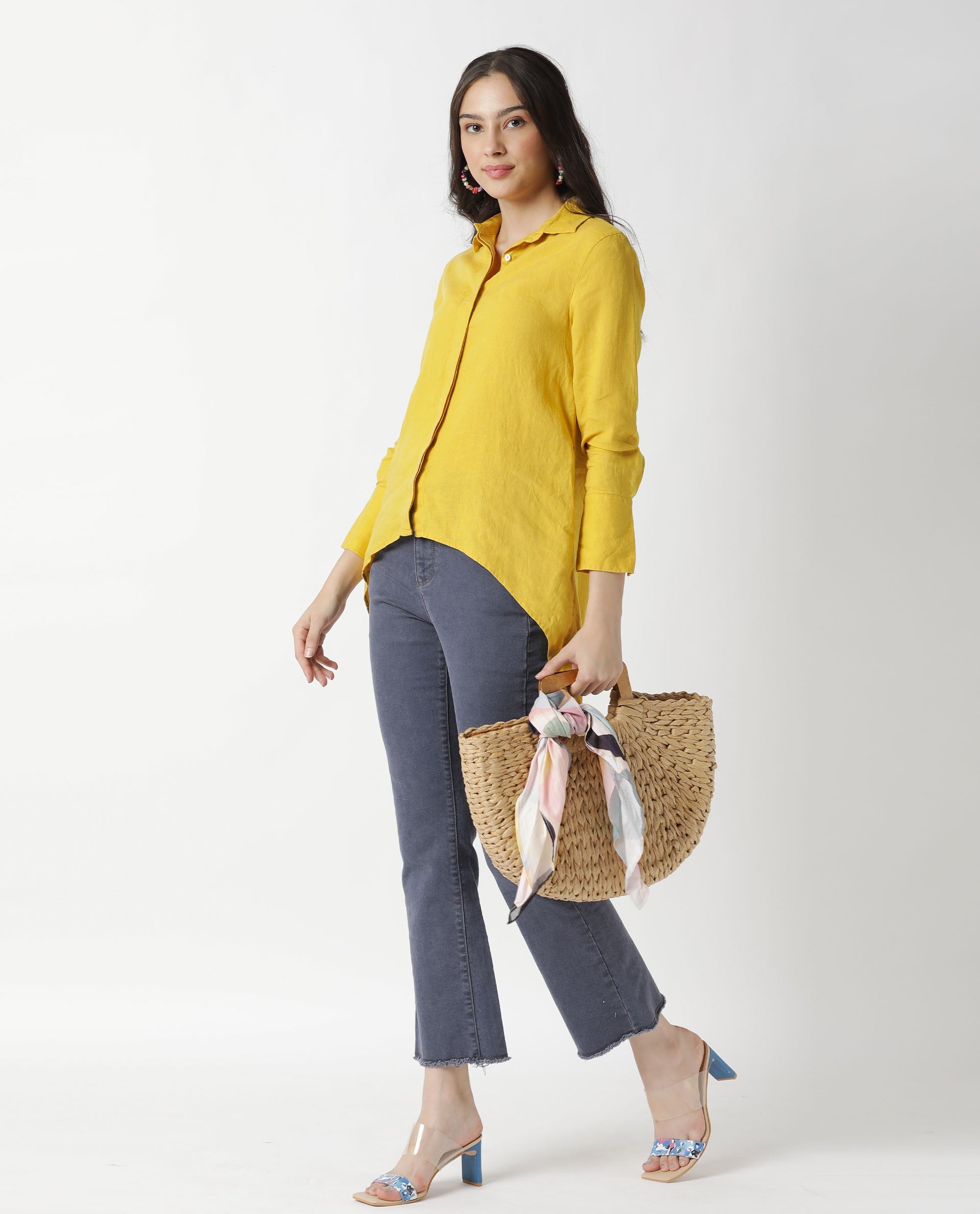 Rareism Women Comfo Yellow Linen Fabric Relaxed Fit Shirt Collar Full Sleeves Solid Top