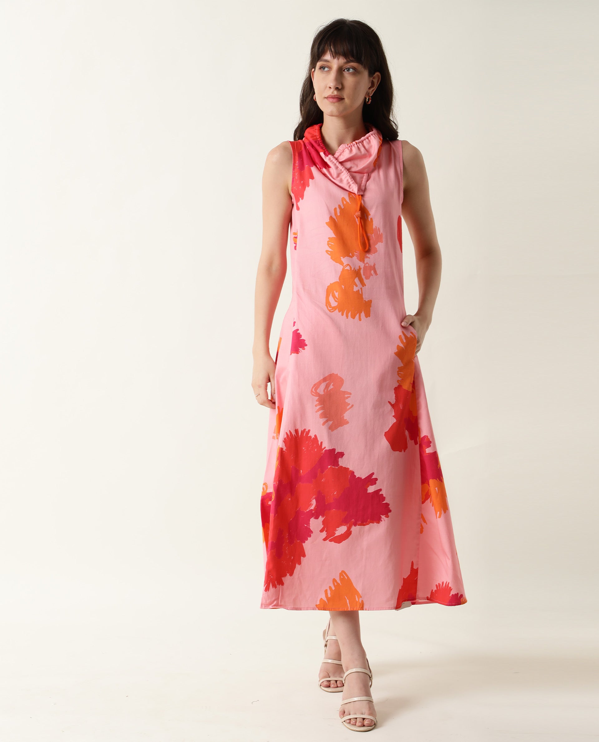 Rareism Womens Cyrus Pink Dress Cotton Fabric Regular Fit Sleeveless Round Neck