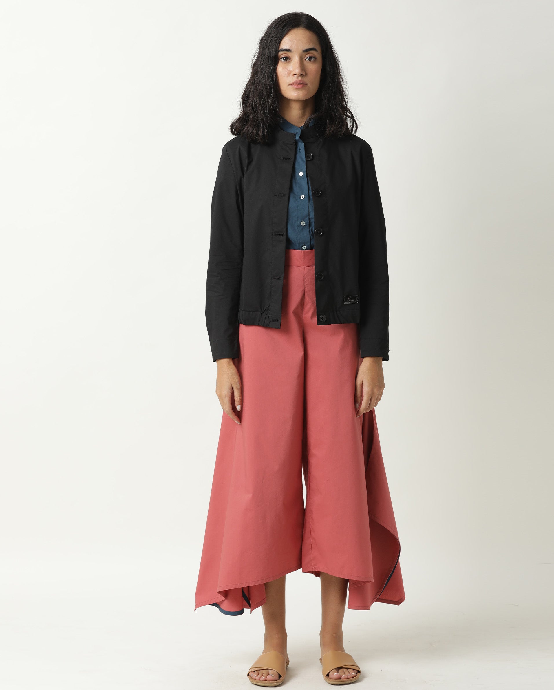 Rareism Women Aomori Black Poly Lycra Fabric Full Sleeves Solid Mandarin Collar Jacket