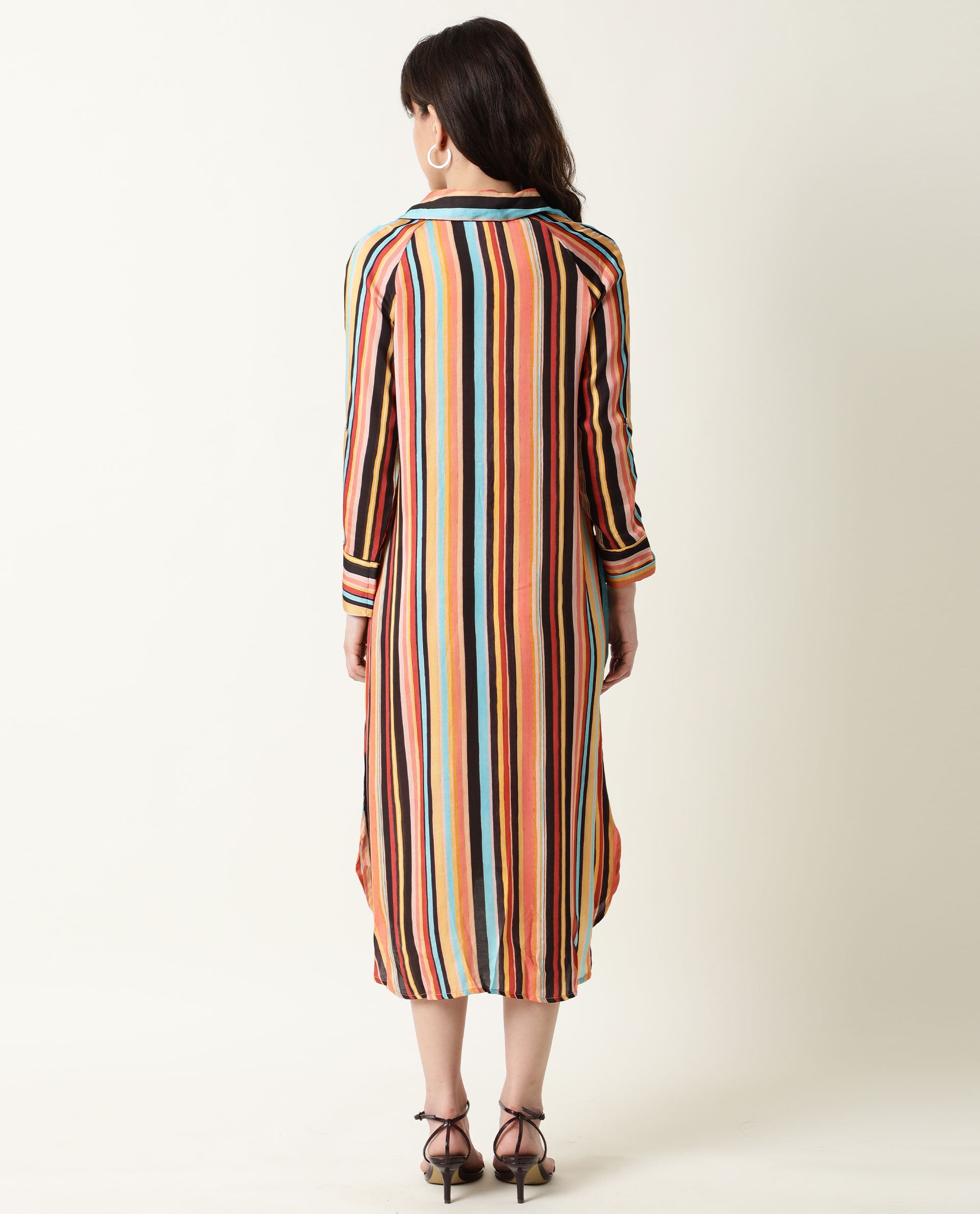 Rareism Women Mathers Brown Striped Shirt Collar Full Sleeves Cuff Full Front Button Placket Pockets Side Slit Midi Dress