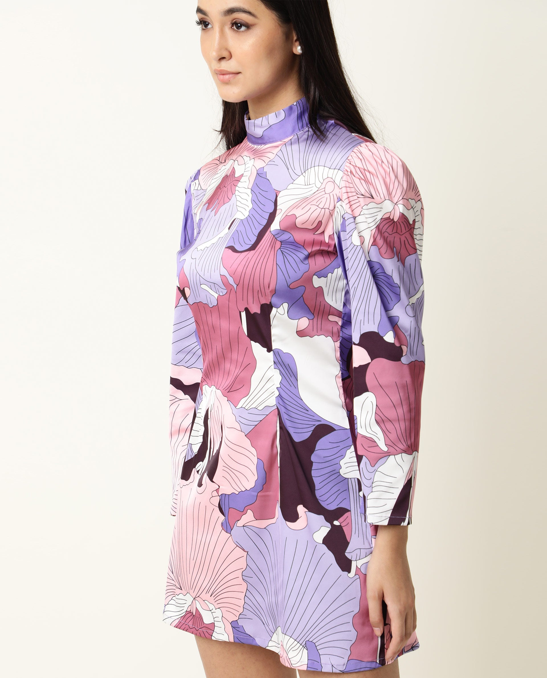 Rareism Women Mylah Multi Floral Print High Neck Collar Full Sleeves With Pockets Mini Dress