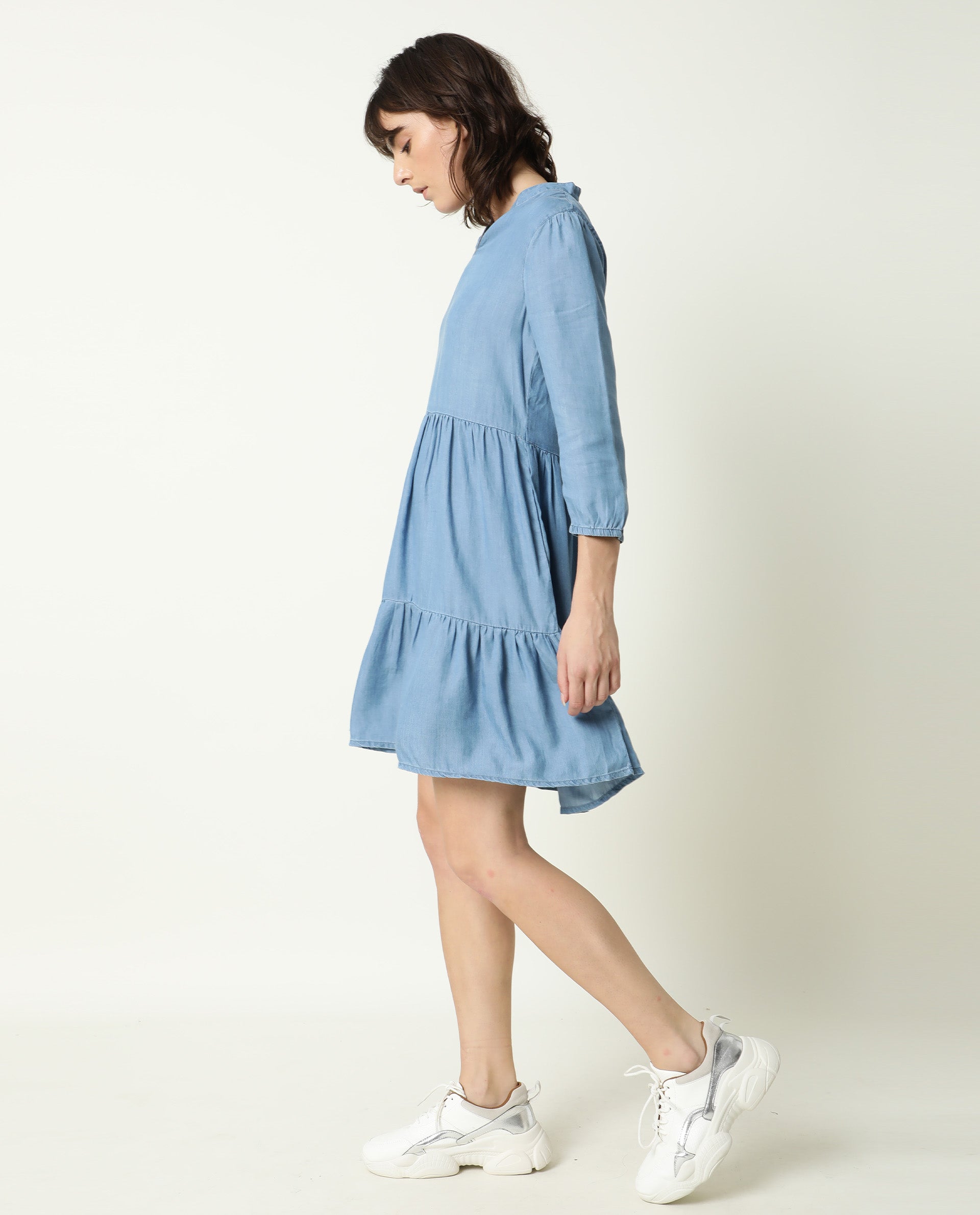 Rareism Women Mayo Blue Mandarin Collar Full Sleeves With Pockets Tiered Knee Length Dress