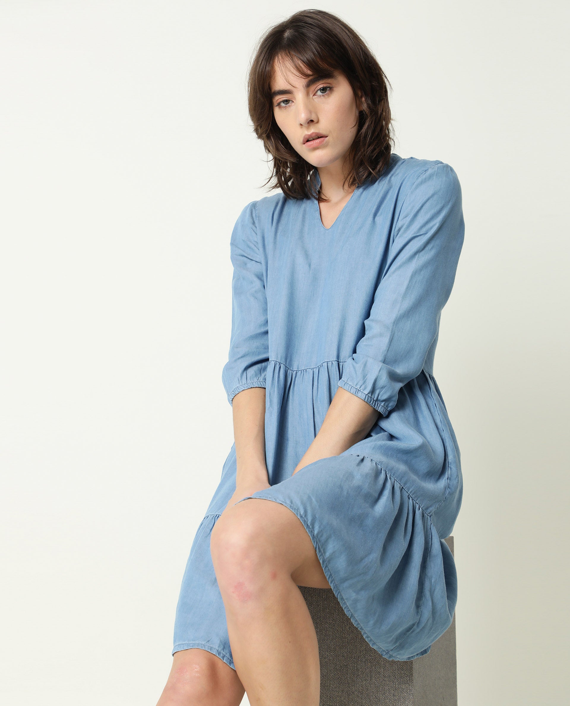 Rareism Women Mayo Blue Mandarin Collar Full Sleeves With Pockets Tiered Knee Length Dress