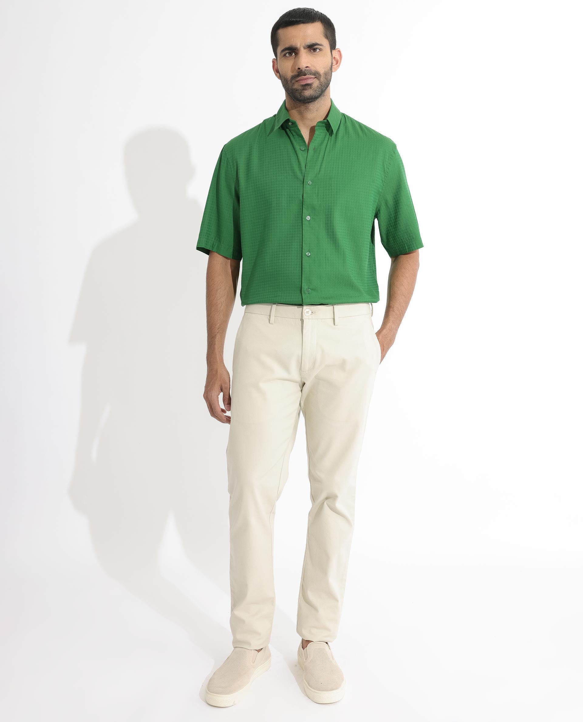 Rare Rabbit Men's Lazio Green Cotton Lyocell Fabric Half Sleeves Gingham Checks Shirt