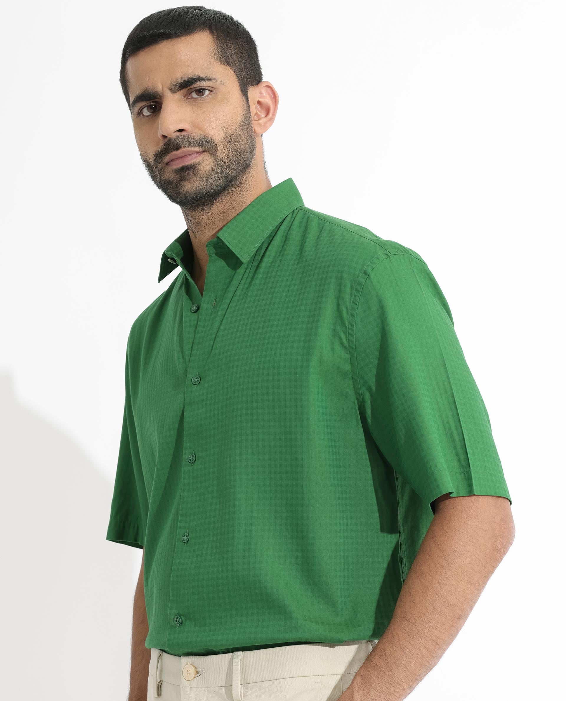 Rare Rabbit Men's Lazio Green Cotton Lyocell Fabric Half Sleeves Gingham Checks Shirt