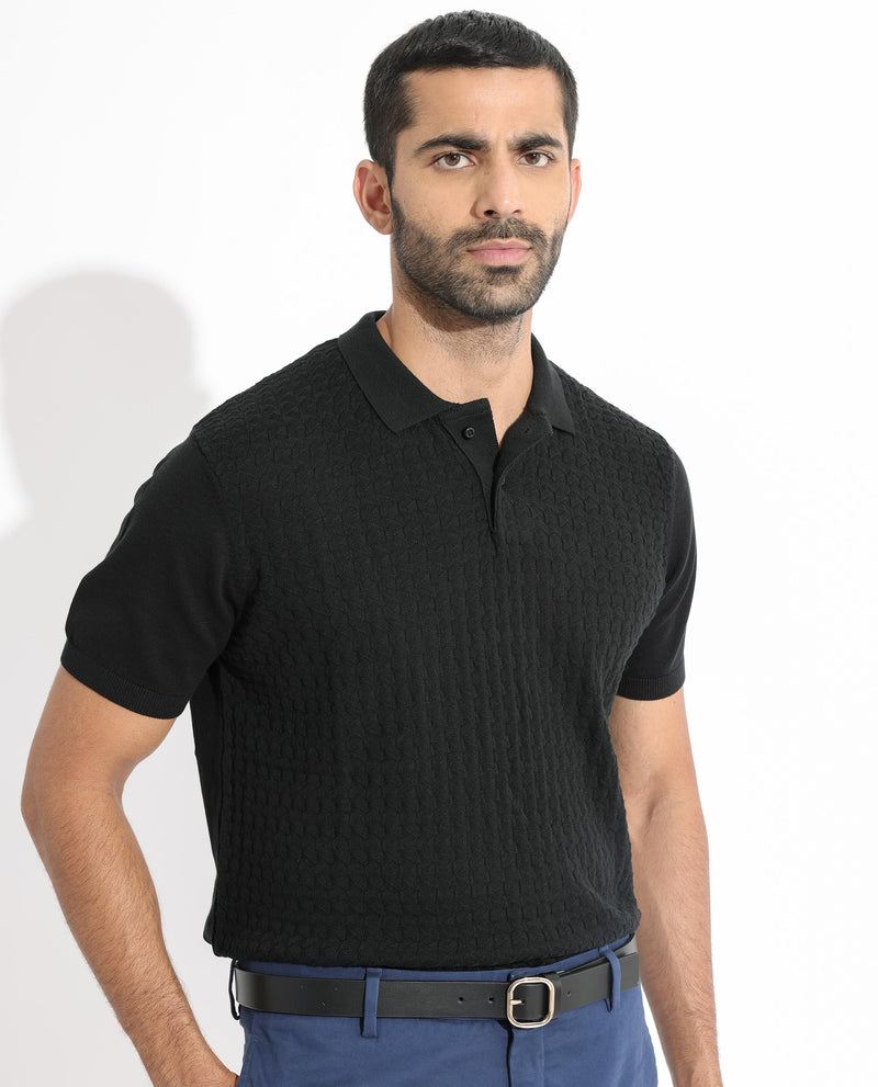 Rare Rabbit Men's Lincos Black Cotton Fabric Collared Neck Full Sleeves Textured Polo T-Shirt