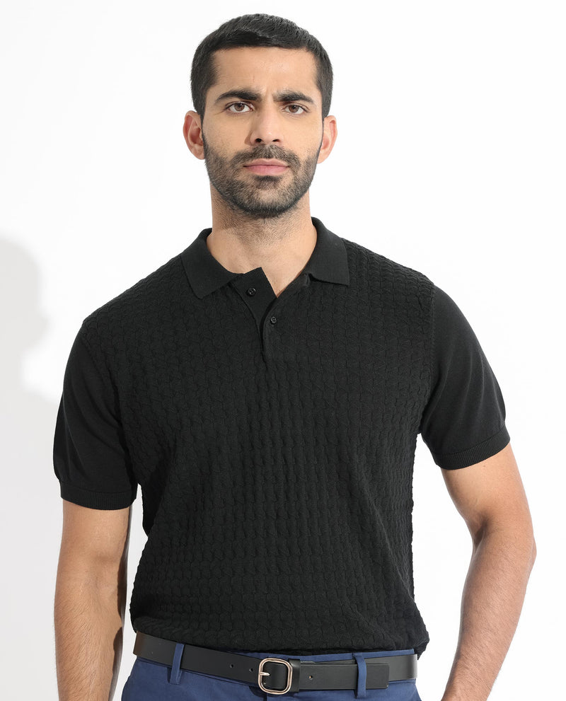 Rare Rabbit Men's Lincos Black Cotton Fabric Collared Neck Full Sleeves Textured Polo T-Shirt