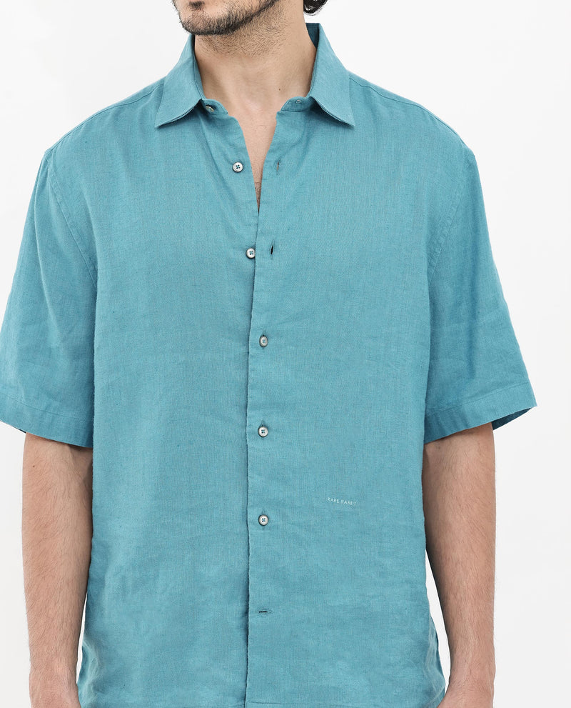 Rare Rabbit Mens Linex-1 SS Turq Linen Fabric Regular Collar Short Sleeve Boxy Fit Solid Shirt