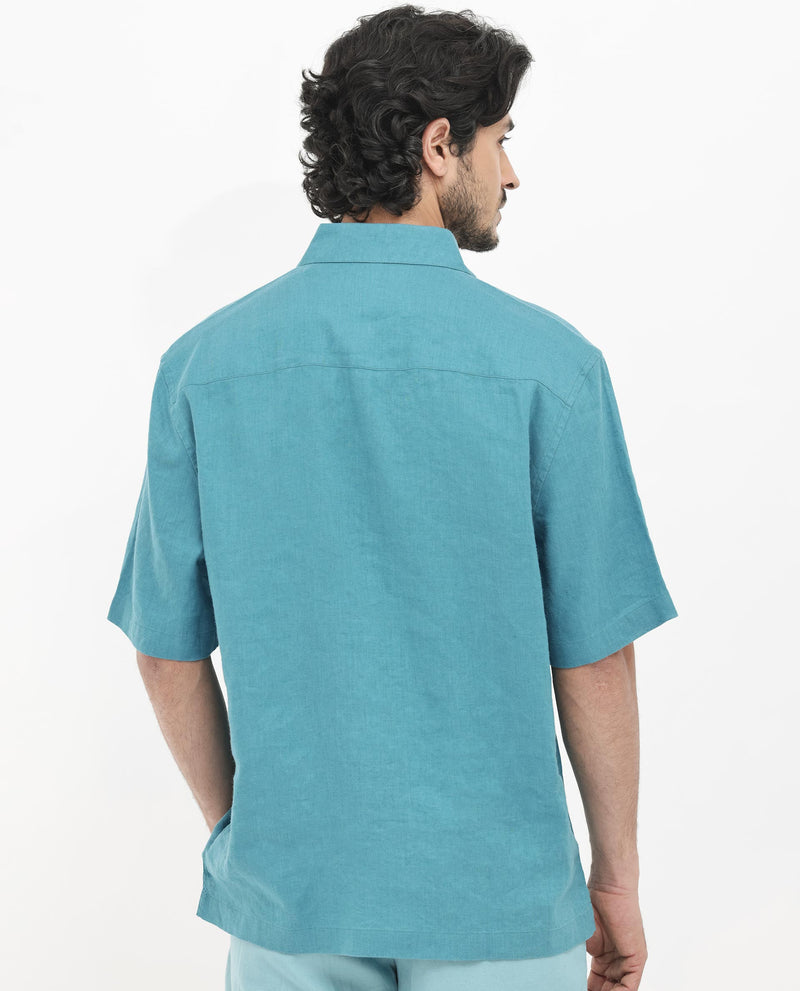 Rare Rabbit Mens Linex-1 SS Turq Linen Fabric Regular Collar Short Sleeve Boxy Fit Solid Shirt