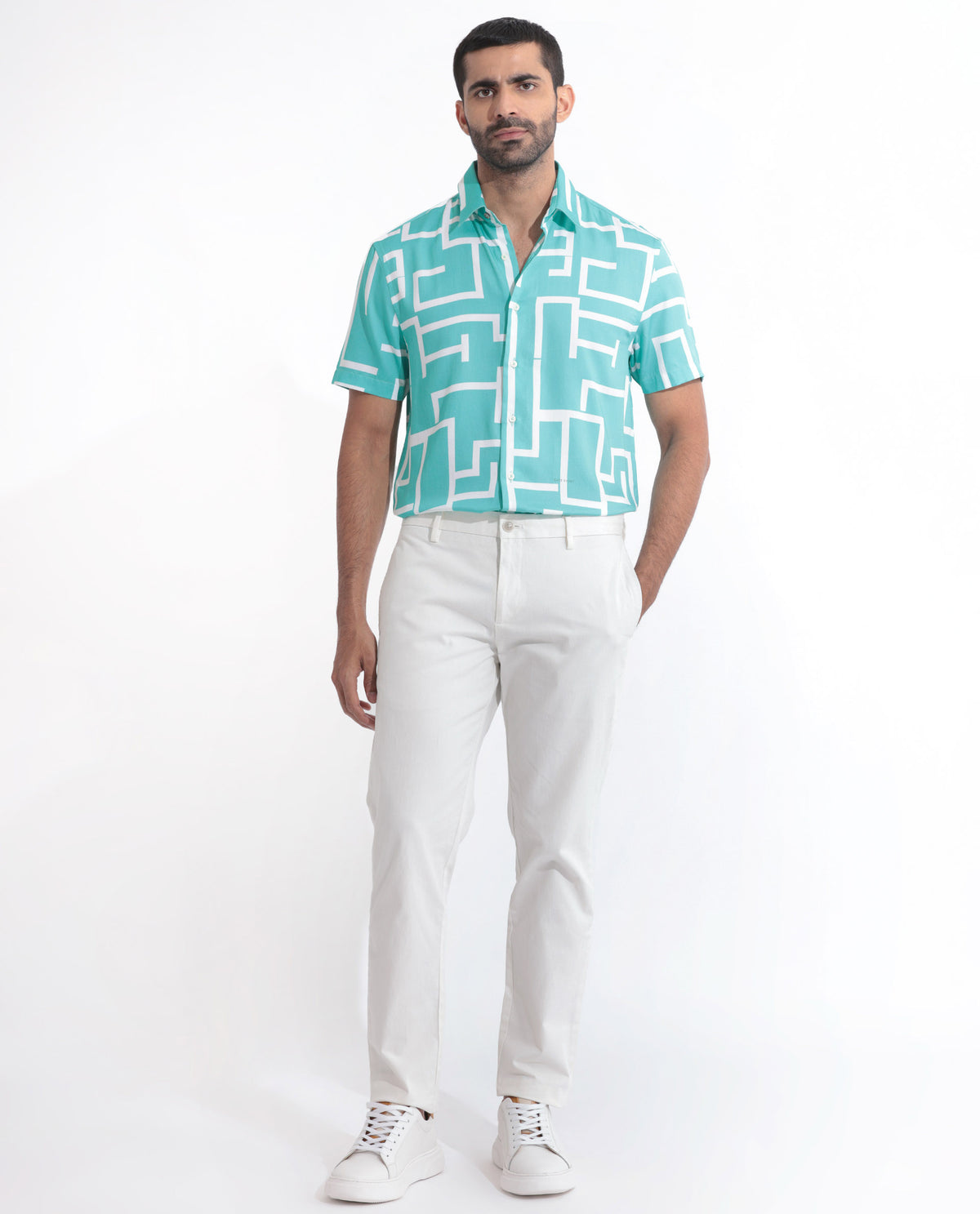 Rare Rabbit Men's Lugo Turq Cotton Modal Fabric Geometric Print Half Sleeves Shirt
