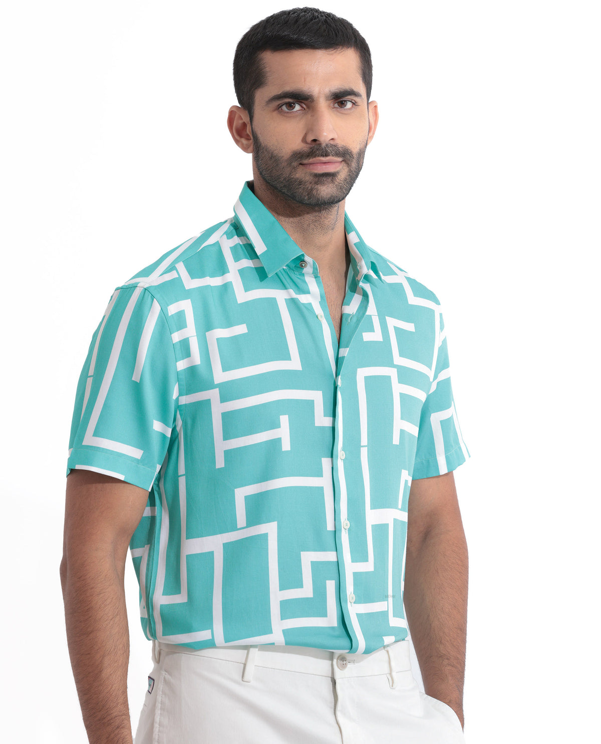 Rare Rabbit Men's Lugo Turq Cotton Modal Fabric Geometric Print Half Sleeves Shirt