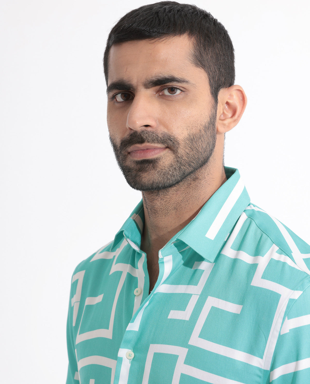 Rare Rabbit Men's Lugo Turq Cotton Modal Fabric Geometric Print Half Sleeves Shirt