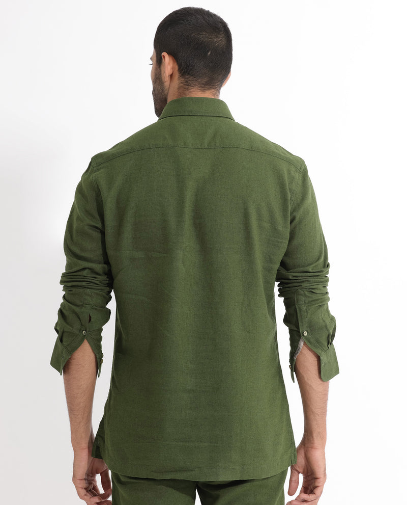 Rare Rabbit Men's Lunet Olive Linen Full Sleeves Solid Shirt