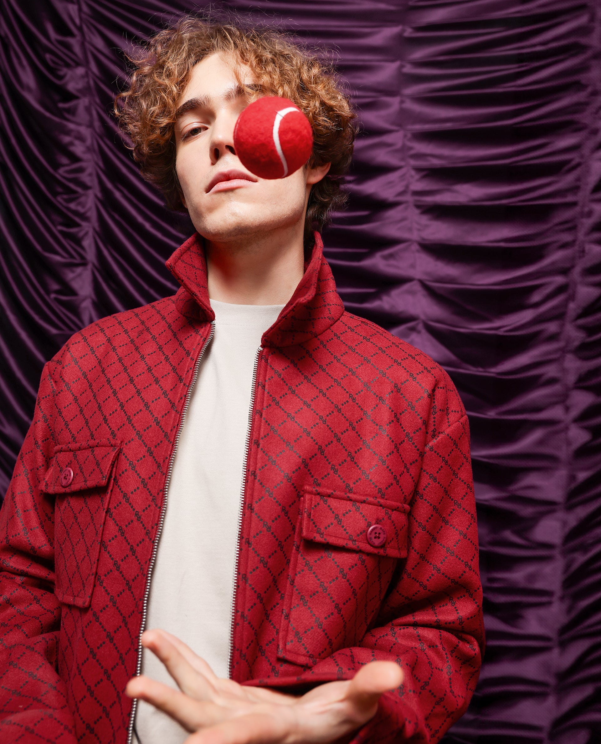 Rare Rabbit Men Lybro Red Polyester Fabric Full Sleeve Two Front Flap Pocket Broad Collared Printed Jacket