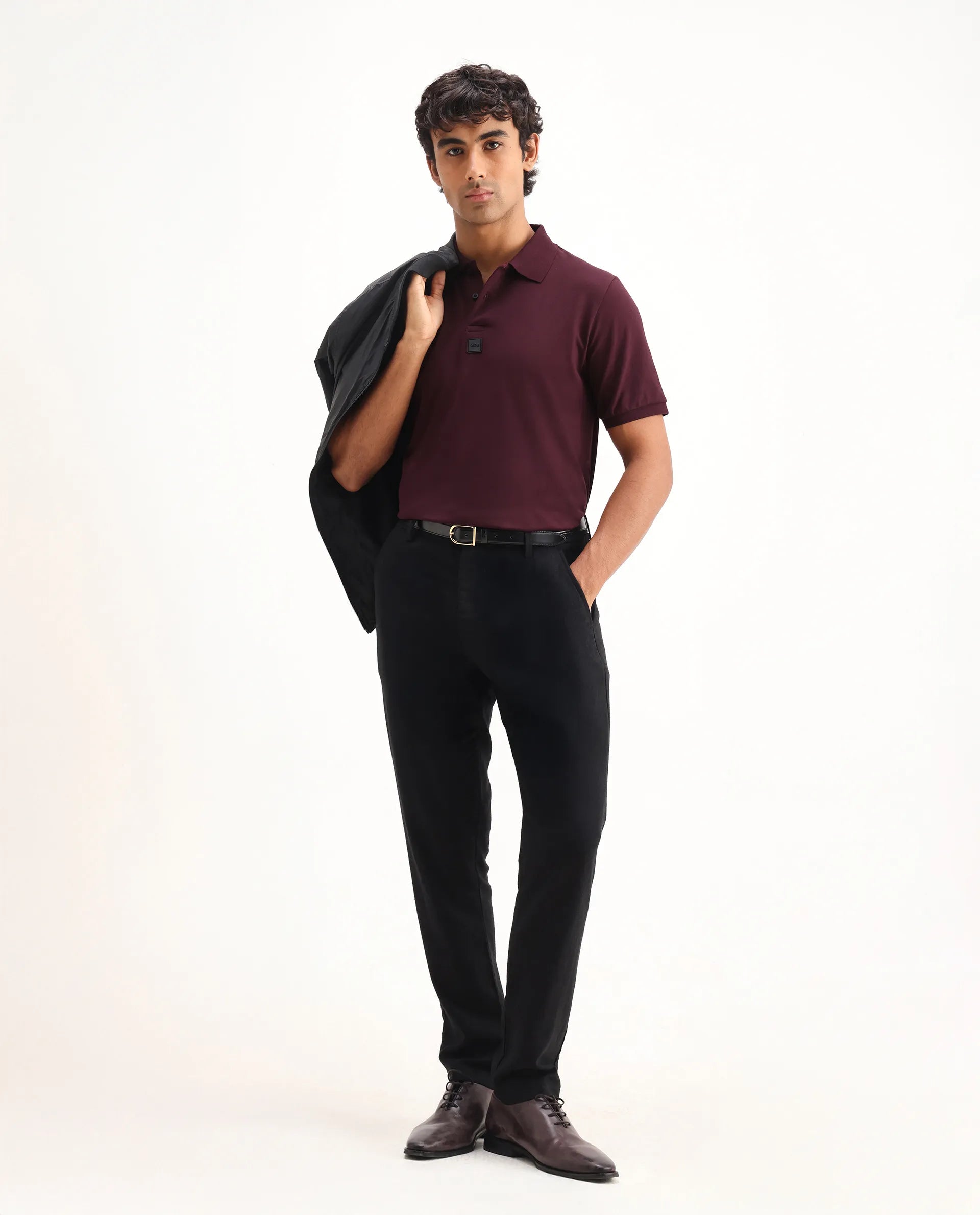 Rare Rabbit Men's Mabe Maroon Cotton Plain Regular Fit Half Sleeve Polo