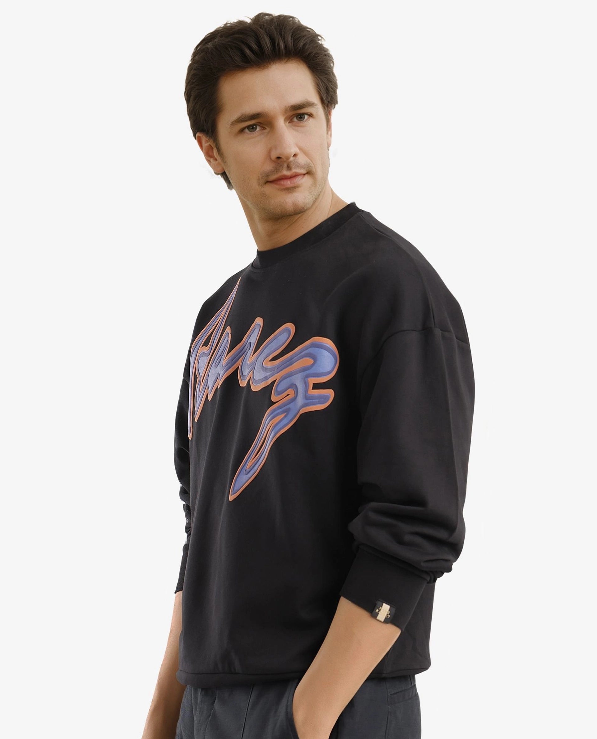 Rare Rabbit Men Mabel Black Cotton Polyester Fabric Full Sleeve Crew Neck Boxy Fit Printed Sweatshirt