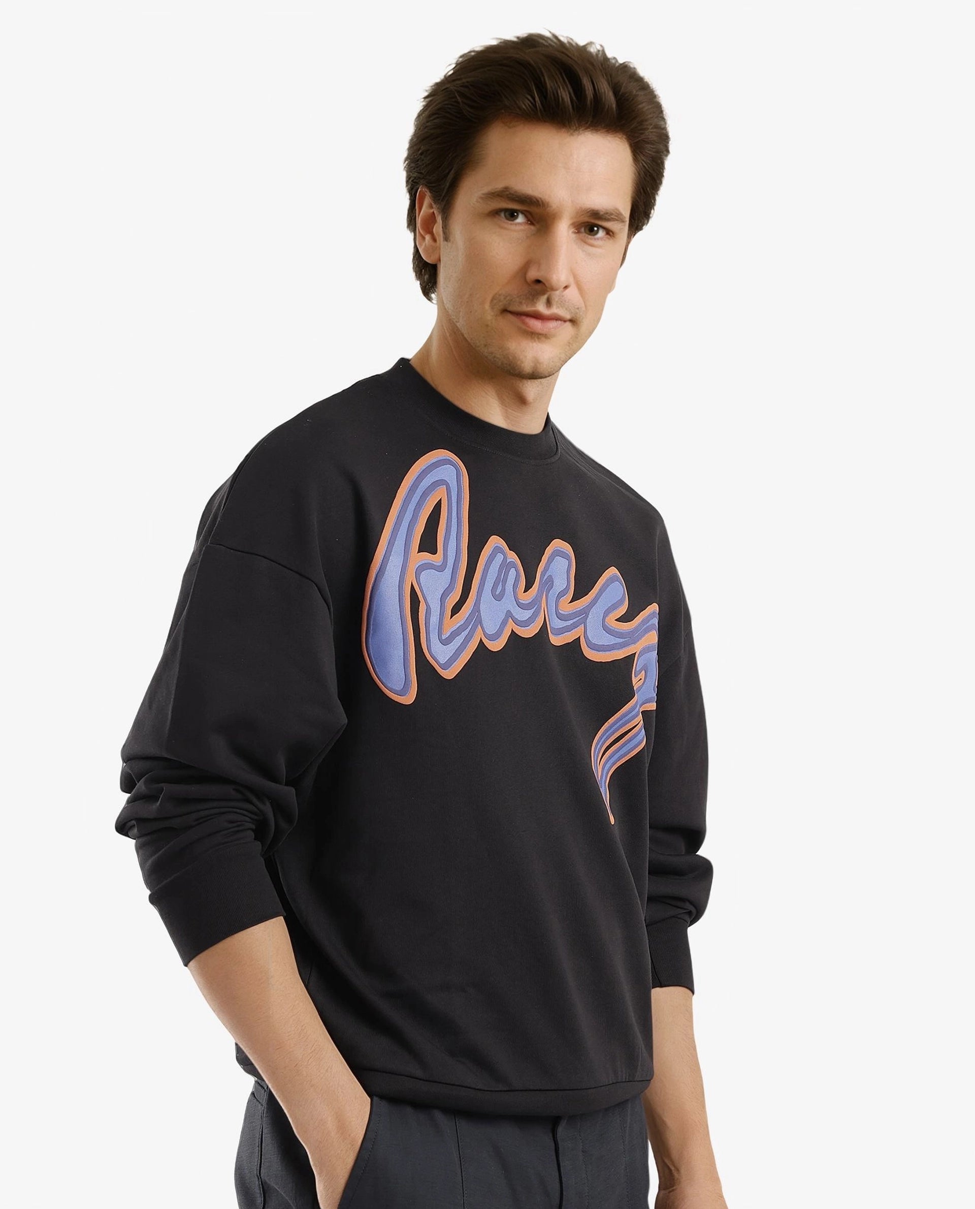 Rare Rabbit Men Mabel Black Cotton Polyester Fabric Full Sleeve Crew Neck Boxy Fit Printed Sweatshirt