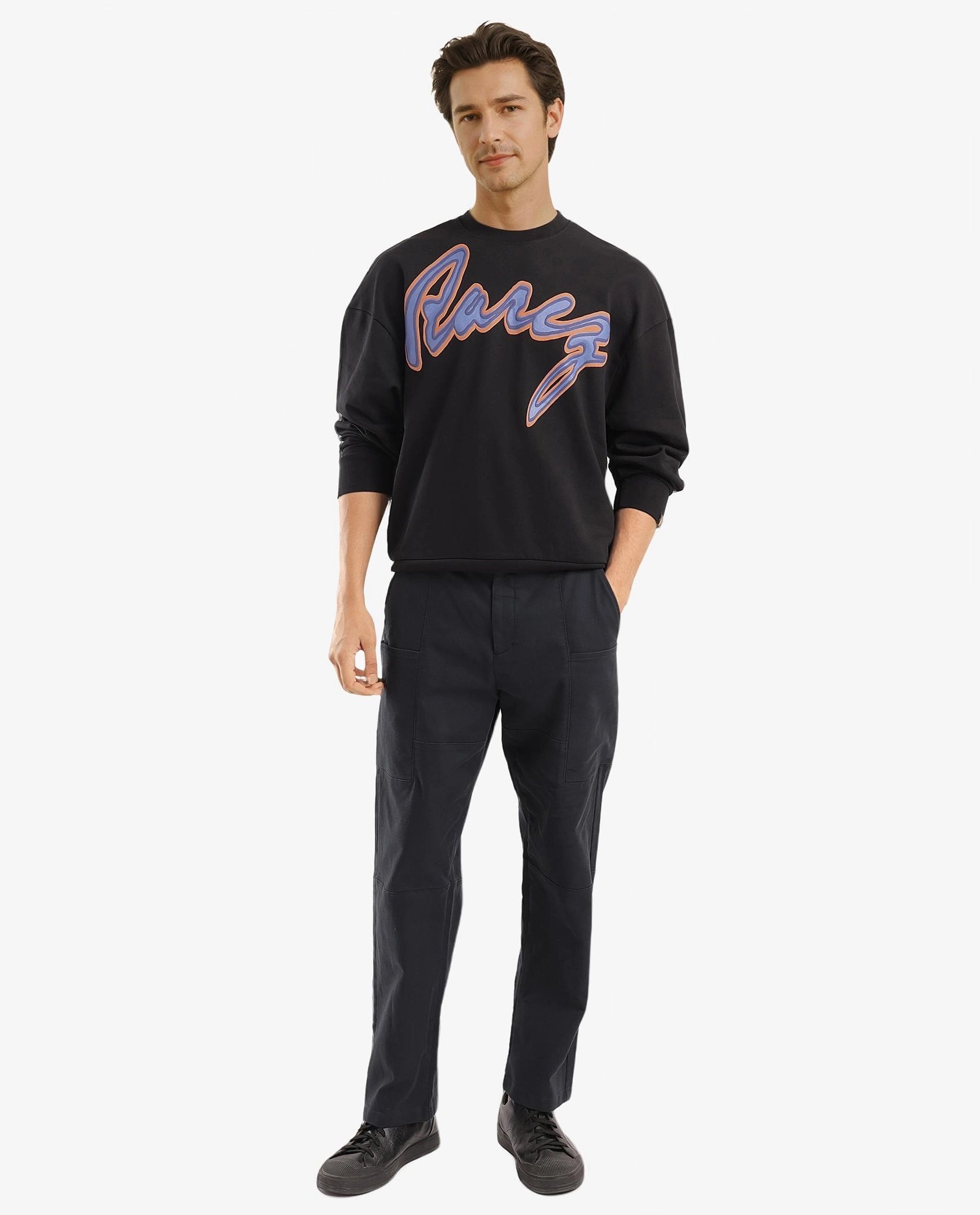 Rare Rabbit Men Mabel Black Cotton Polyester Fabric Full Sleeve Crew Neck Boxy Fit Printed Sweatshirt