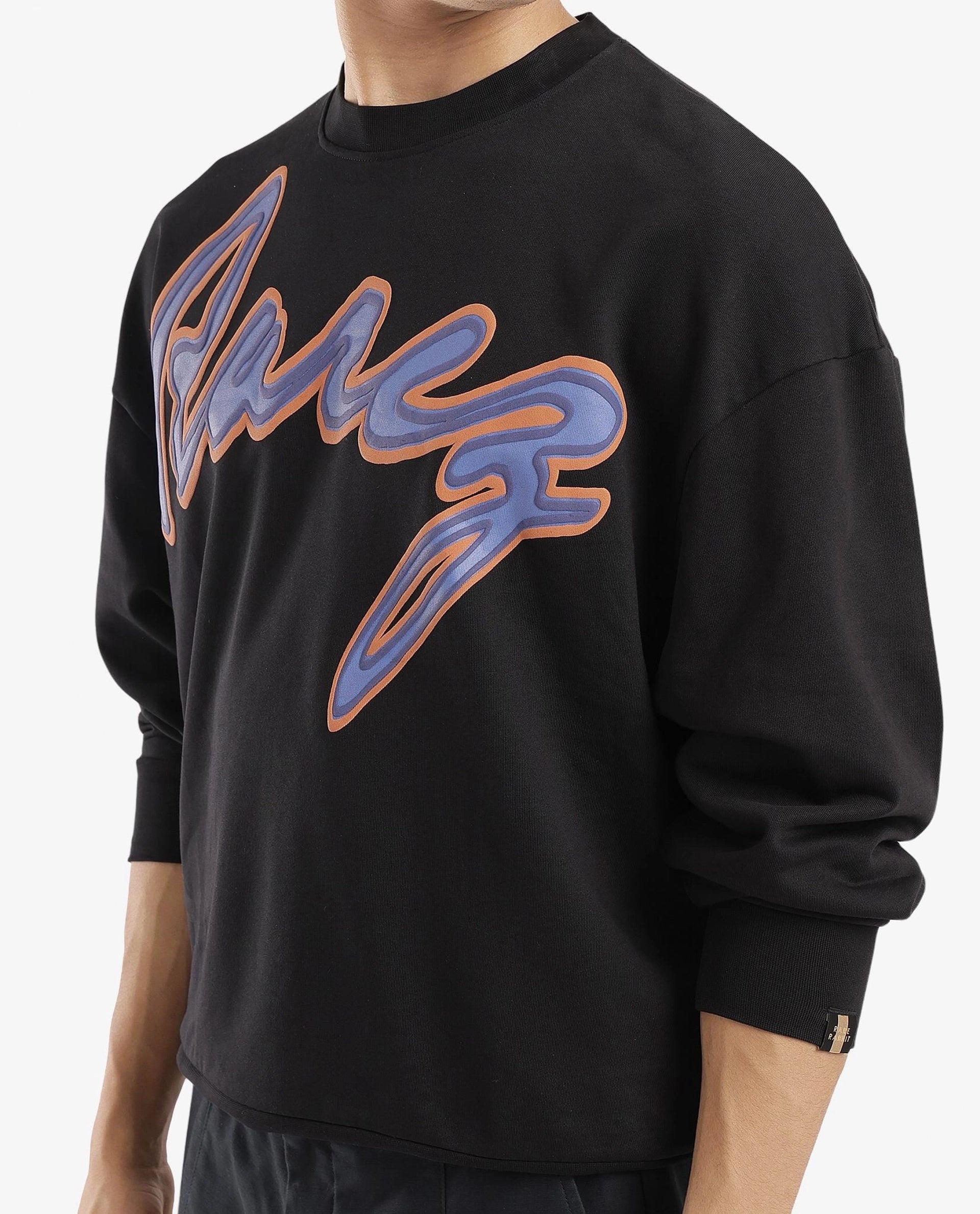 Rare Rabbit Men Mabel Black Cotton Polyester Fabric Full Sleeve Crew Neck Boxy Fit Printed Sweatshirt