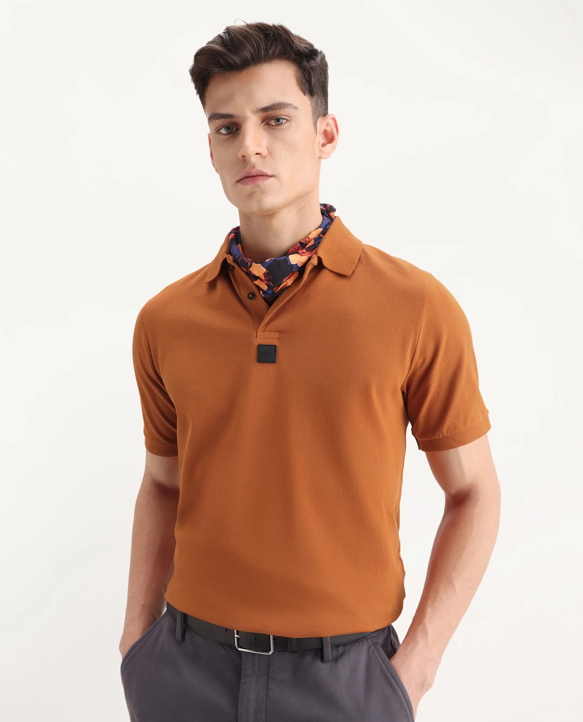 Rare Rabbit Men's Mabe Orange Cotton Plain Regular Fit Half Sleeve Polo