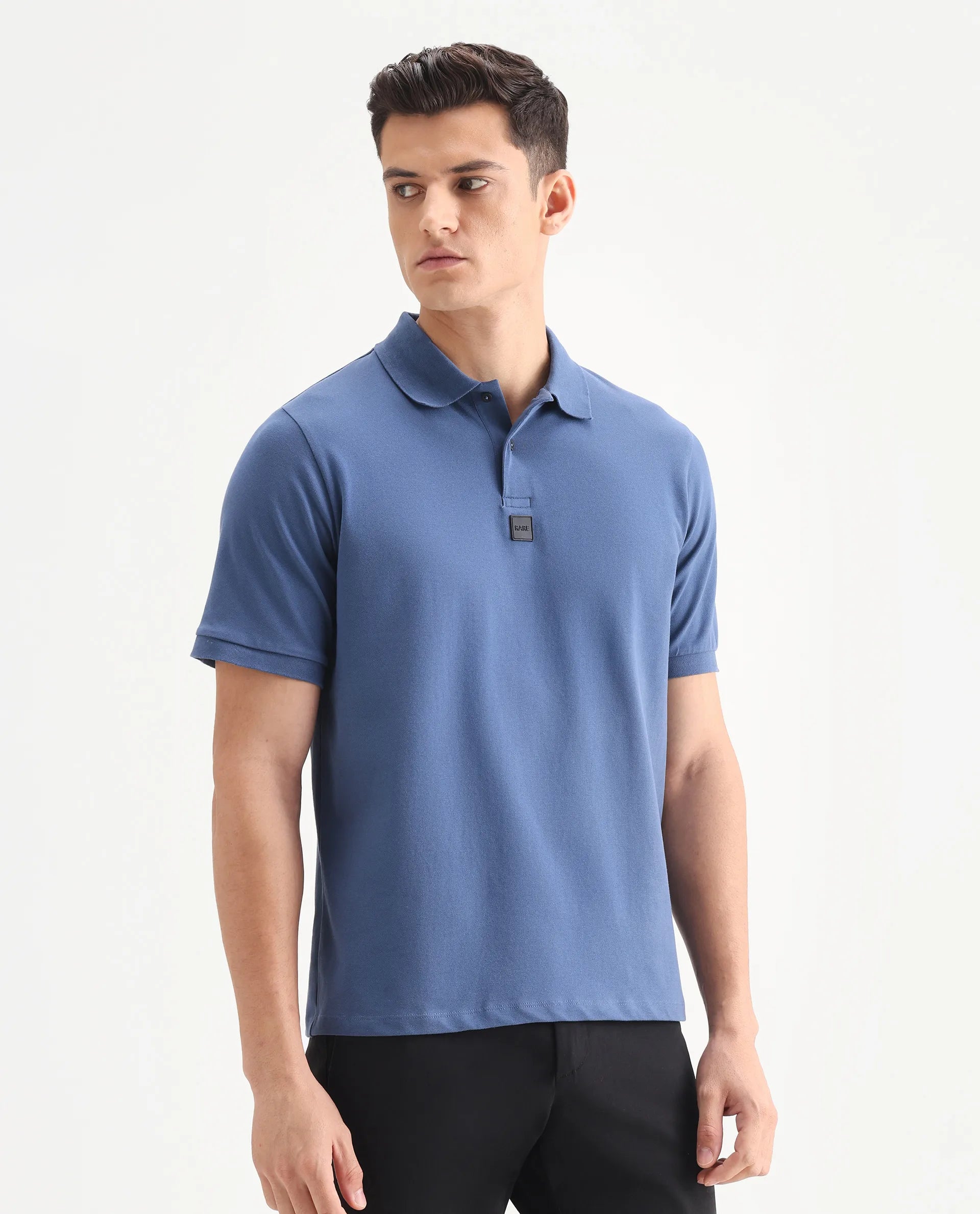 Rare Rabbit Men's Mabe Petrol Cotton Plain Regular Fit Half Sleeve Polo
