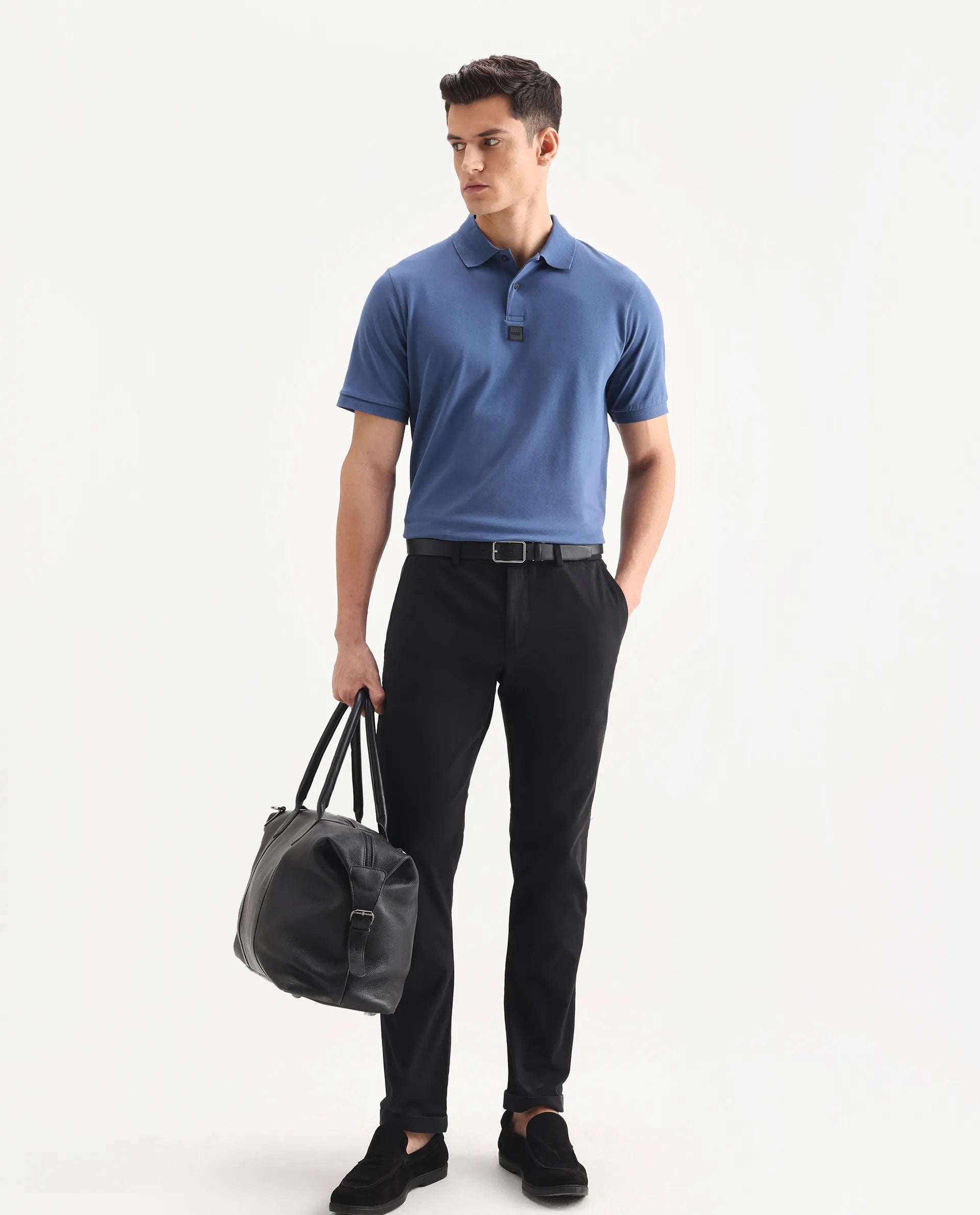 Rare Rabbit Men's Mabe Petrol Cotton Plain Regular Fit Half Sleeve Polo