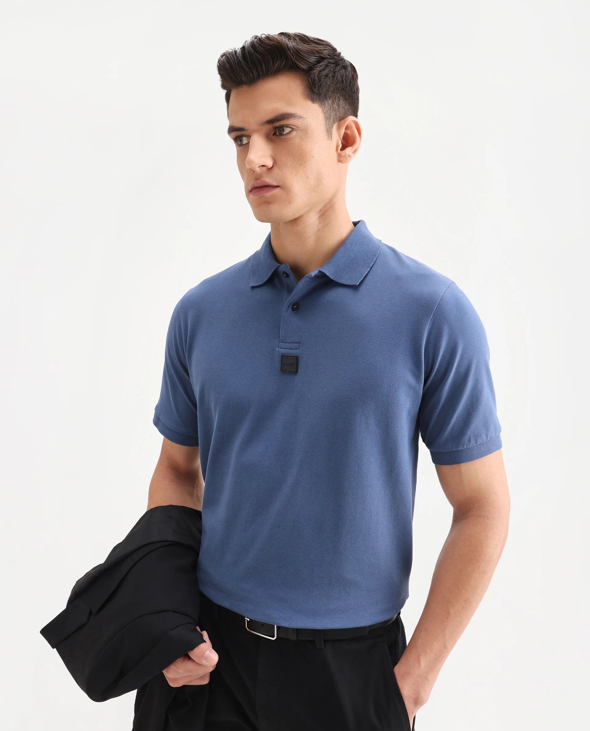 Rare Rabbit Men's Mabe Petrol Cotton Plain Regular Fit Half Sleeve Polo