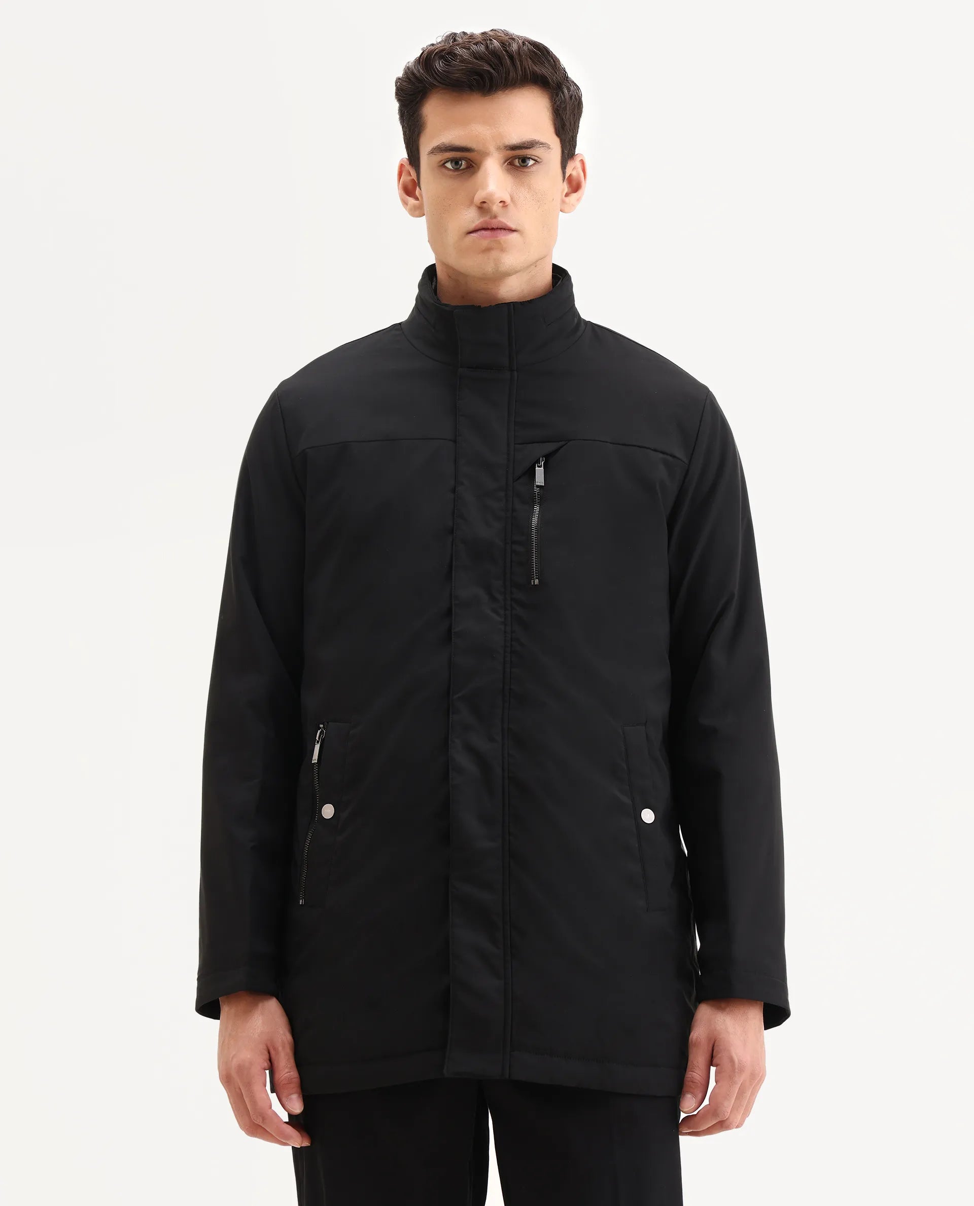 Rare Rabbit Men's Macaw-25 Black Polyester Plain Regular Fit Full Sleeve High Neck Jacket