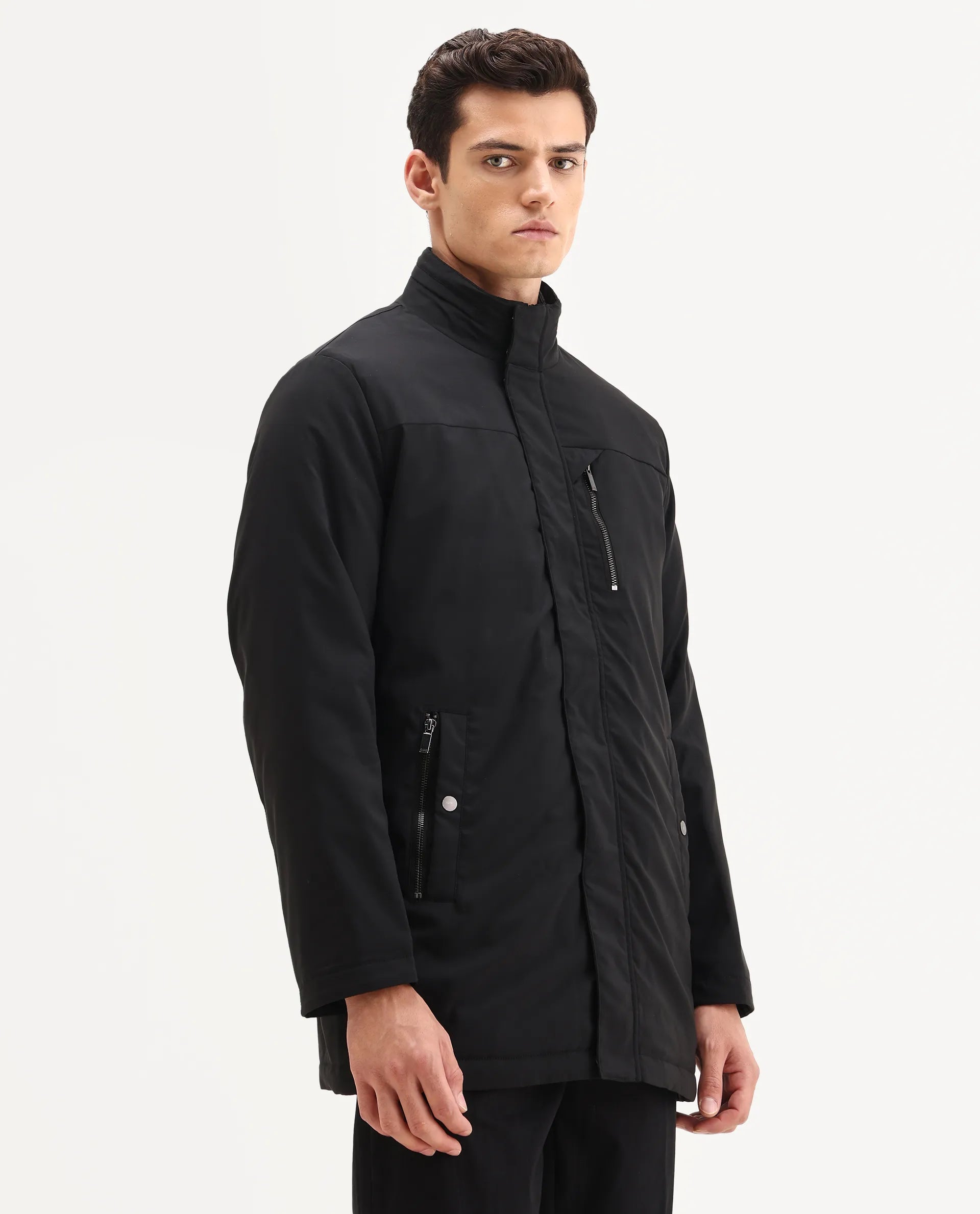 Rare Rabbit Men's Macaw-25 Black Polyester Plain Regular Fit Full Sleeve High Neck Jacket