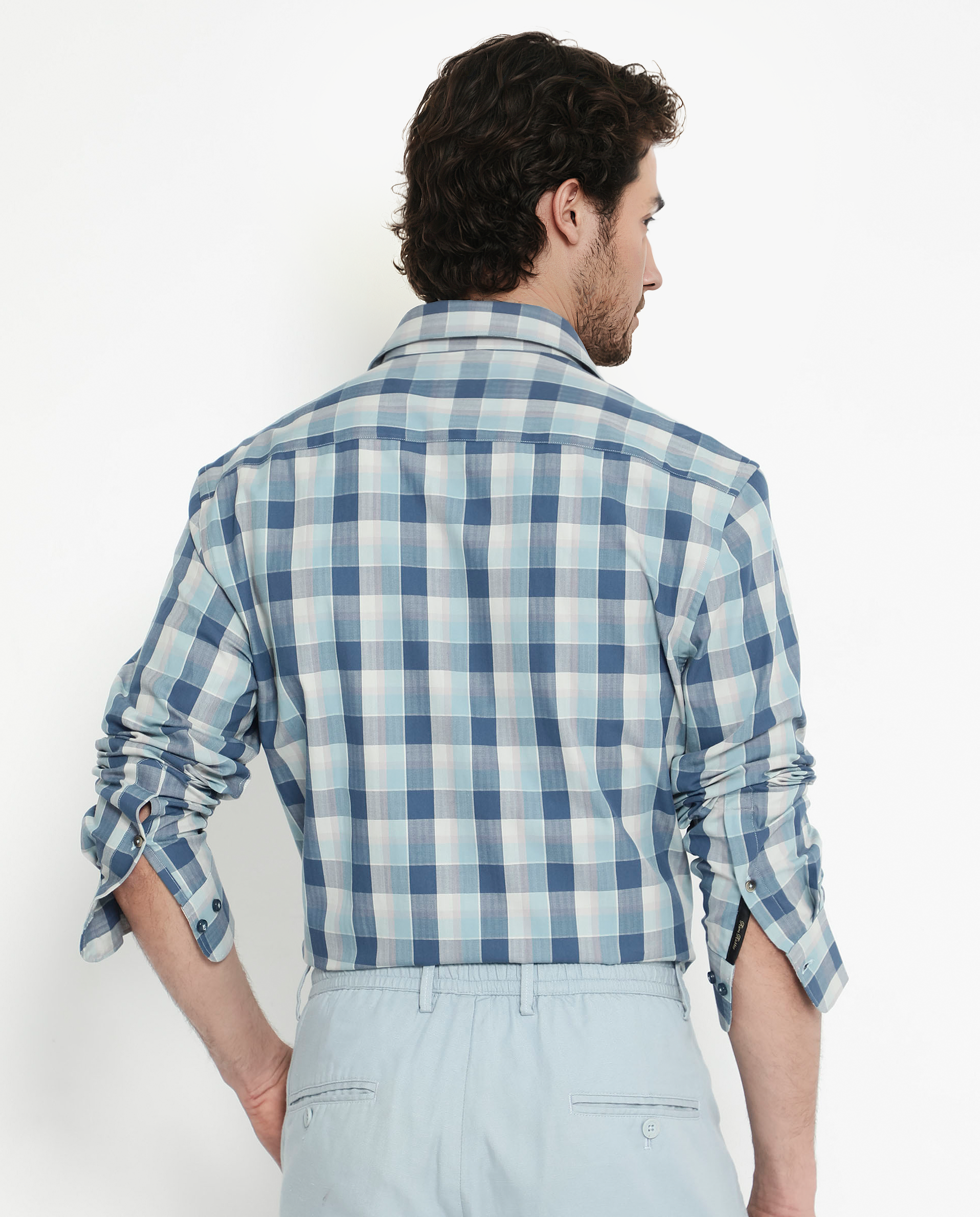 Rare Rabbit Men's Mac Blue Cotton Fabric Full Sleeve Regular Fit Checks Shirt