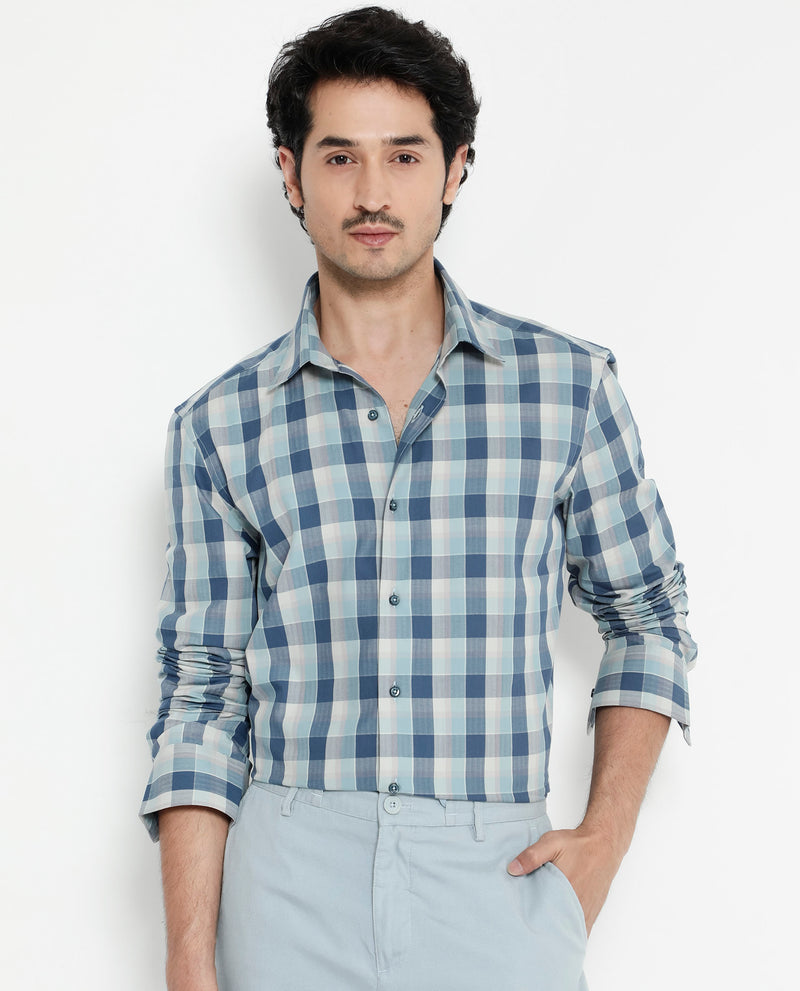 Rare Rabbit Men's Mac Blue Cotton Fabric Full Sleeve Regular Fit Checks Shirt