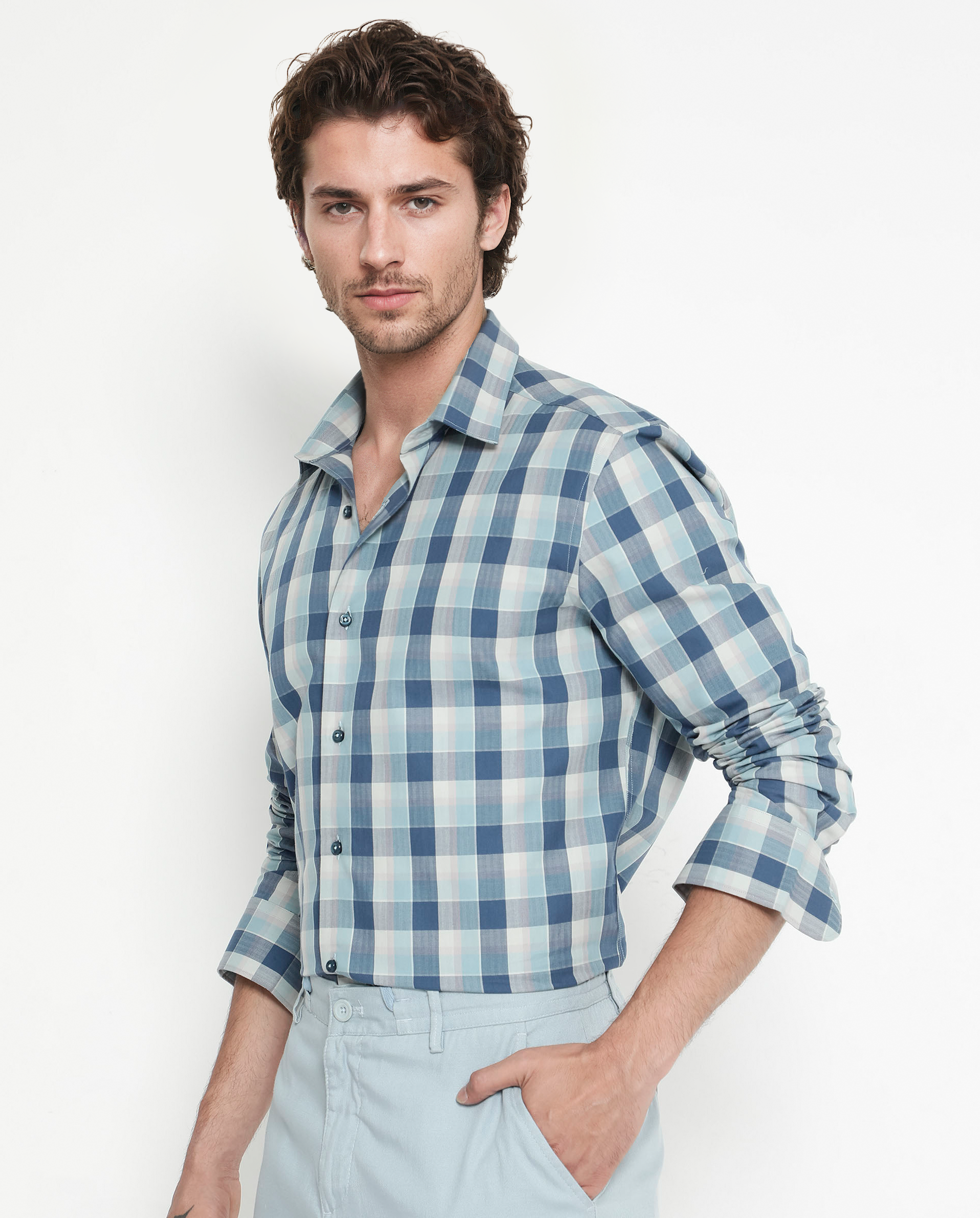 Rare Rabbit Men's Mac Blue Cotton Fabric Full Sleeve Regular Fit Checks Shirt