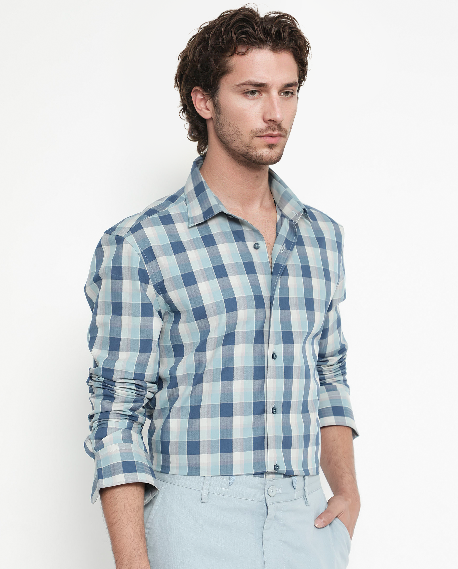 Rare Rabbit Men's Mac Blue Cotton Fabric Full Sleeve Regular Fit Checks Shirt