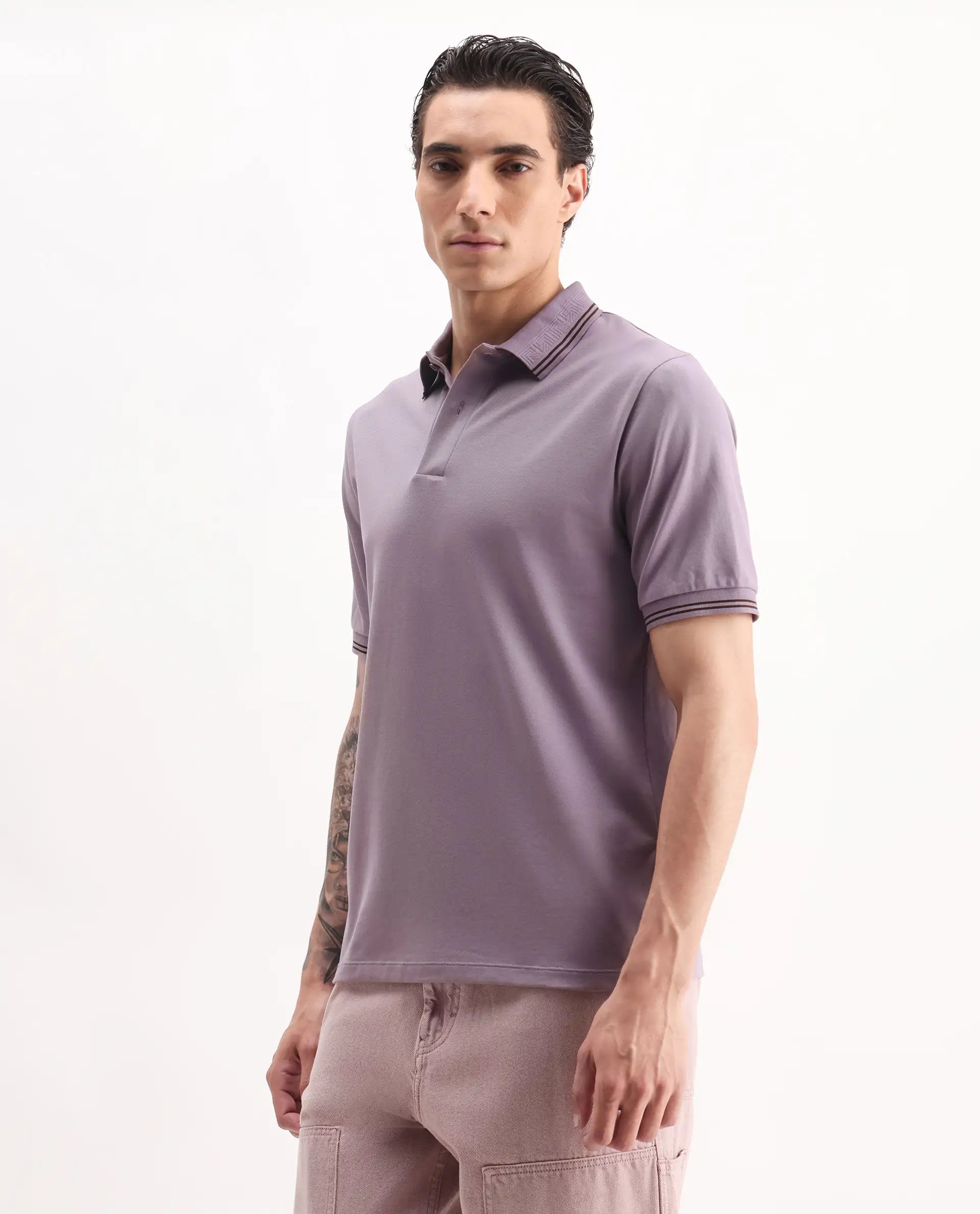 Rare Rabbit Men's Mace Dusky Purple Cotton Blend Plain Regular Fit Half Sleeve Polo