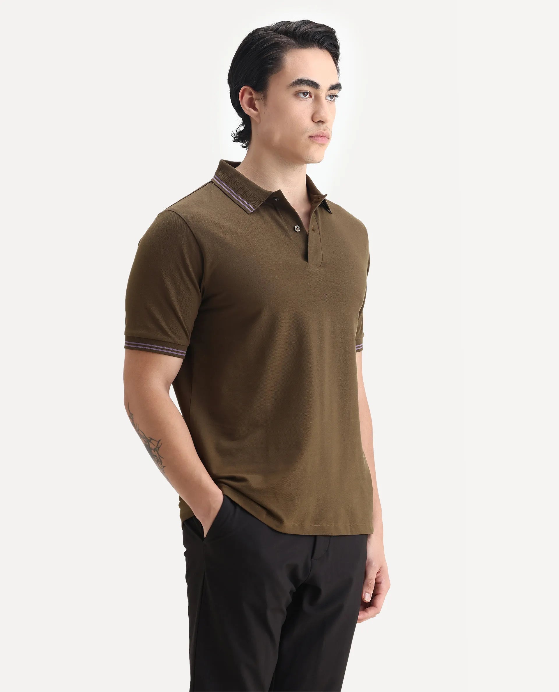 Rare Rabbit Men's Mace Olive Cotton Blend Plain Regular Fit Half Sleeve Polo