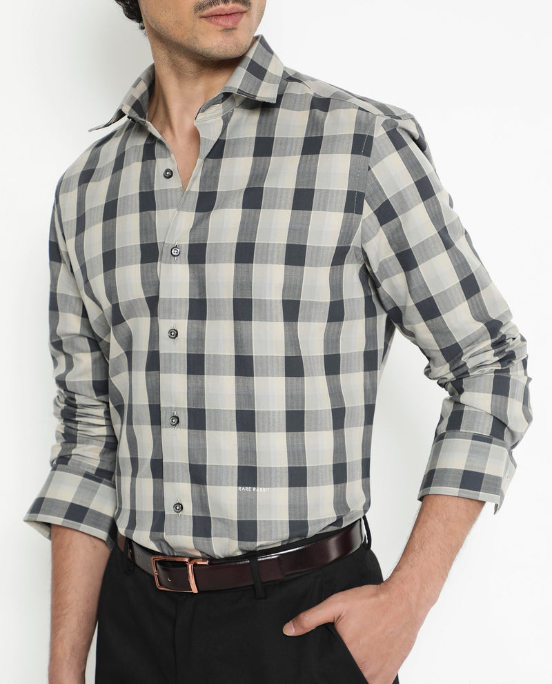 Rare Rabbit Men's Mac Grey Cotton Fabric Full Sleeve Regular Fit Checks Shirt