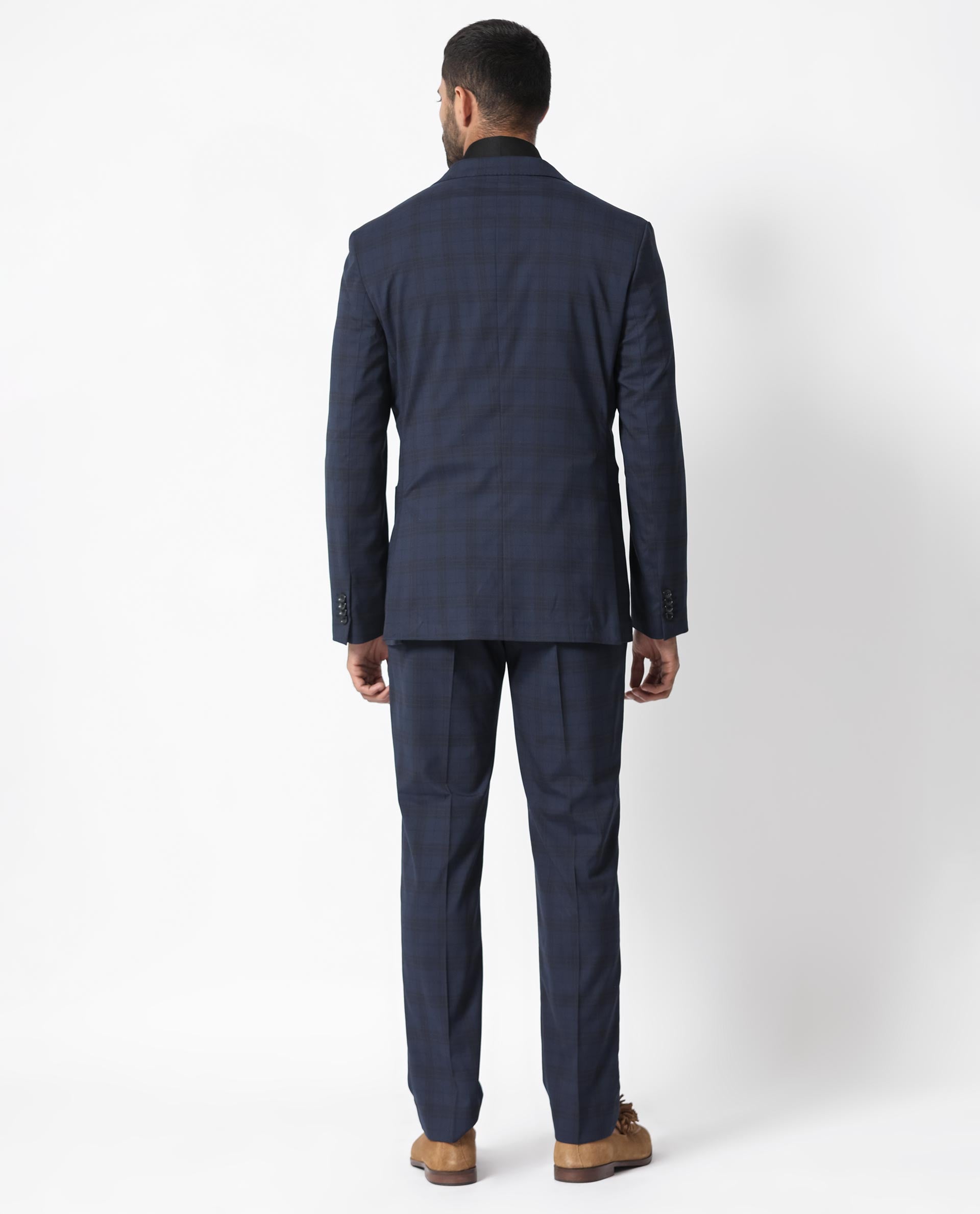 Rare Rabbit Men's Mack Dark Navy Polyester Viscose Fabric Notch Lapel Button Closure Single Breasted Dupplin Checks Suits