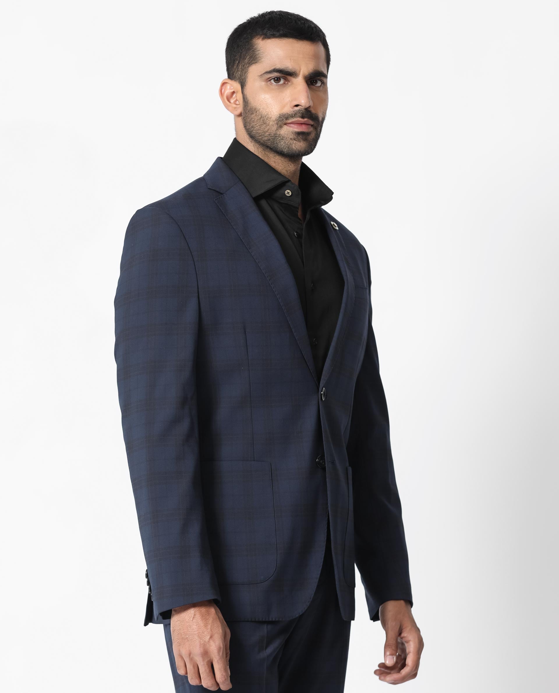 Rare Rabbit Men's Mack Dark Navy Polyester Viscose Fabric Notch Lapel Button Closure Single Breasted Dupplin Checks Suits
