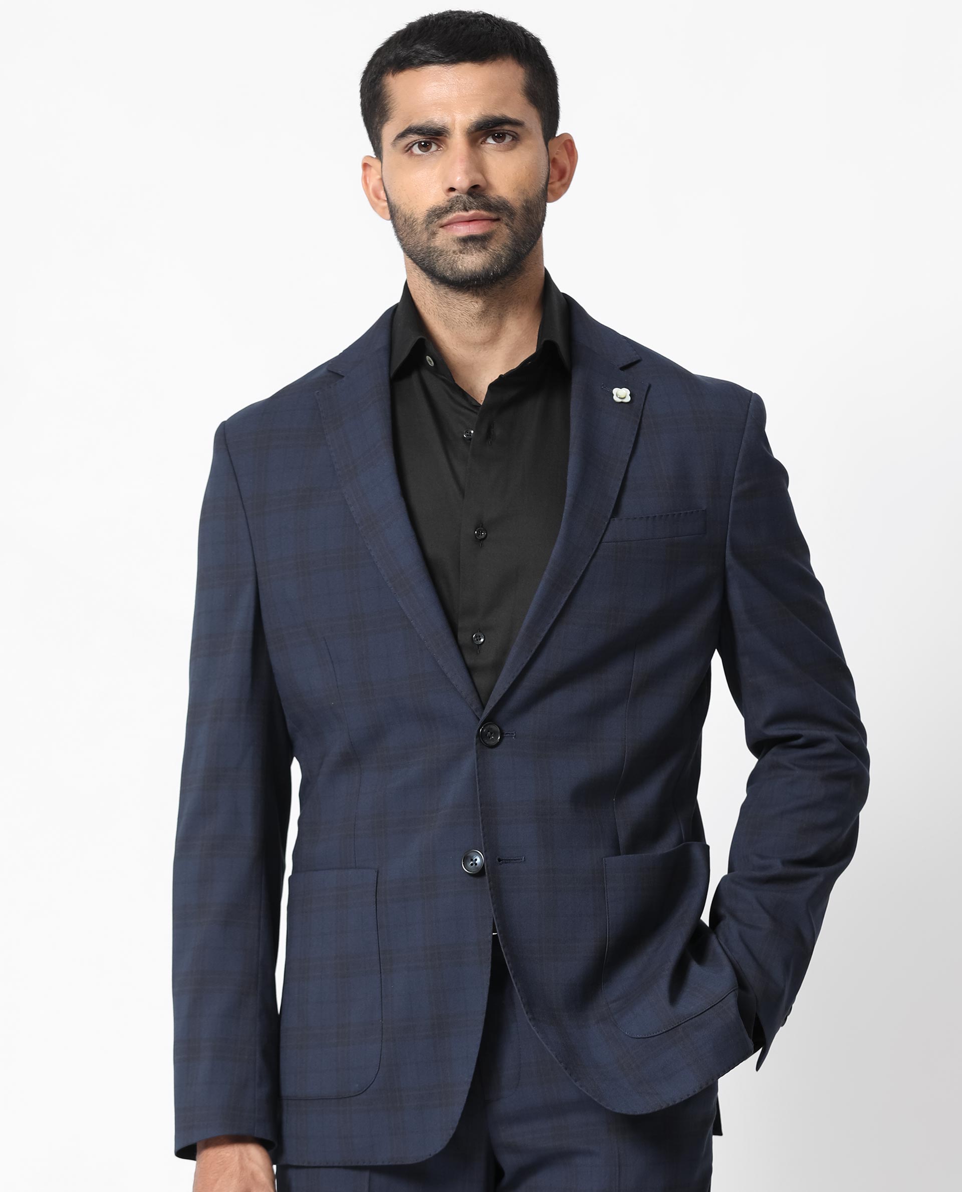 Rare Rabbit Men's Mack Dark Navy Polyester Viscose Fabric Notch Lapel Button Closure Single Breasted Dupplin Checks Suits